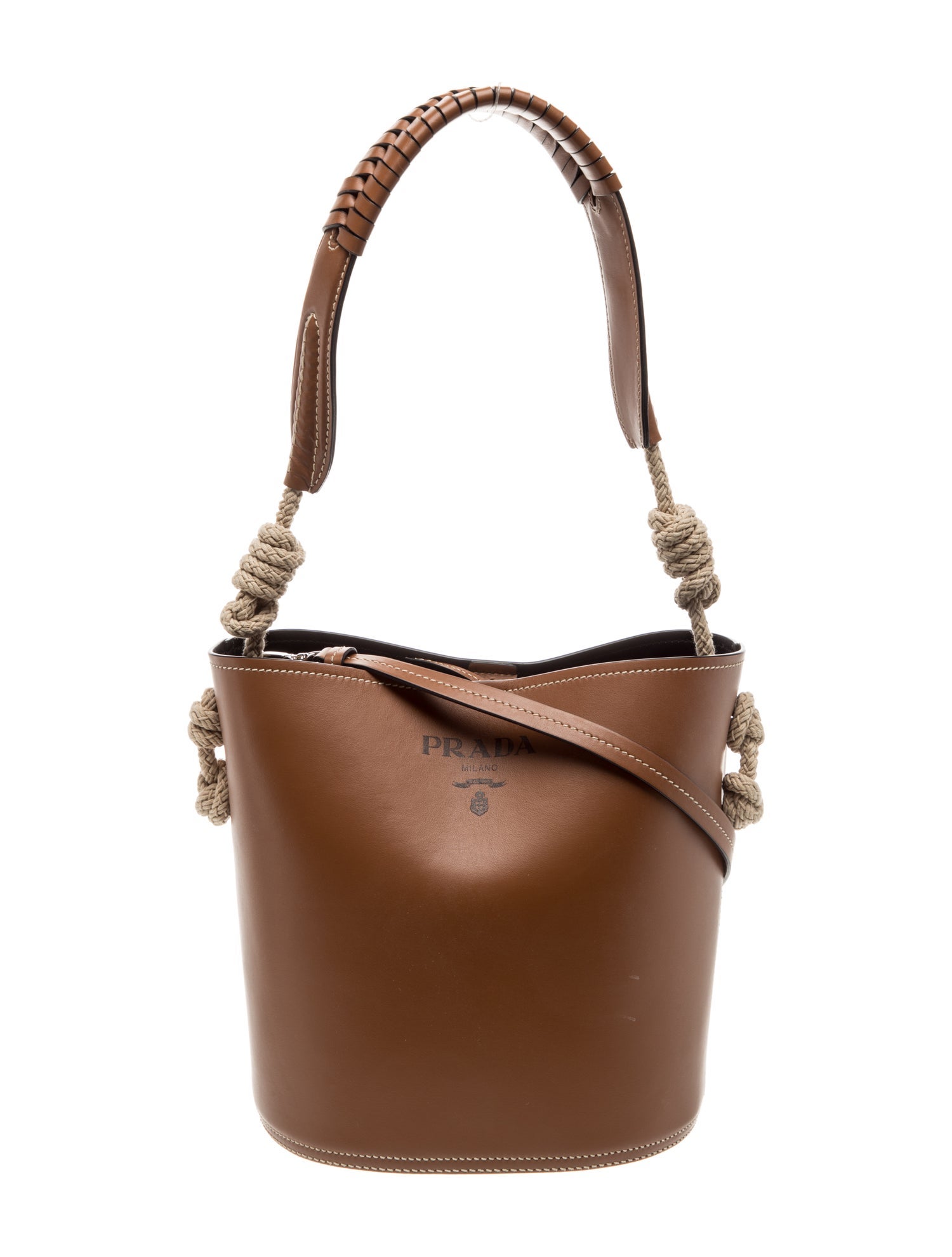 Prada City Calf Leather Knotted Rope - Brown Bucket Bags, Handbags