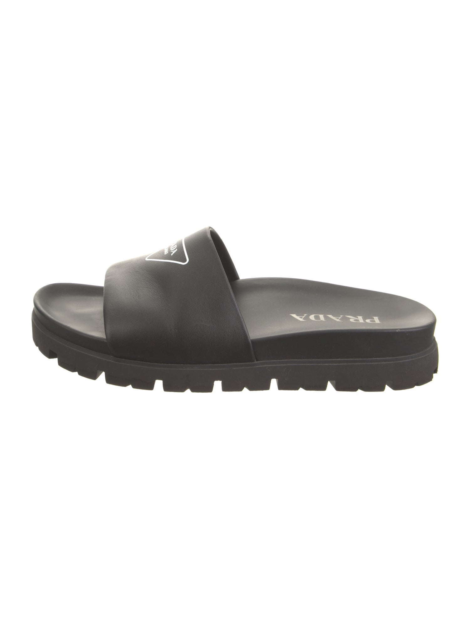 Prada Leather Graphic Print Slides