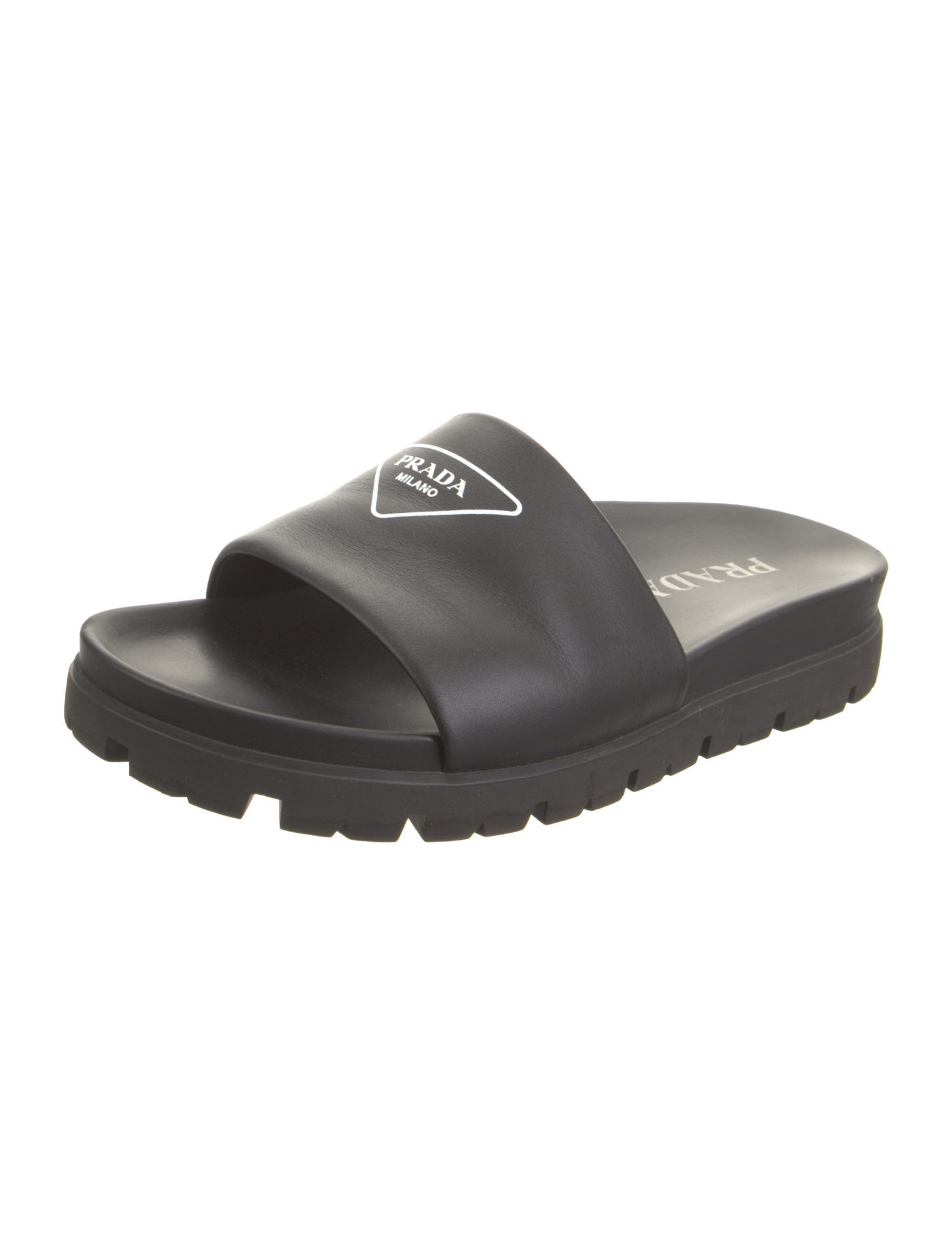 Prada Leather Graphic Print Slides