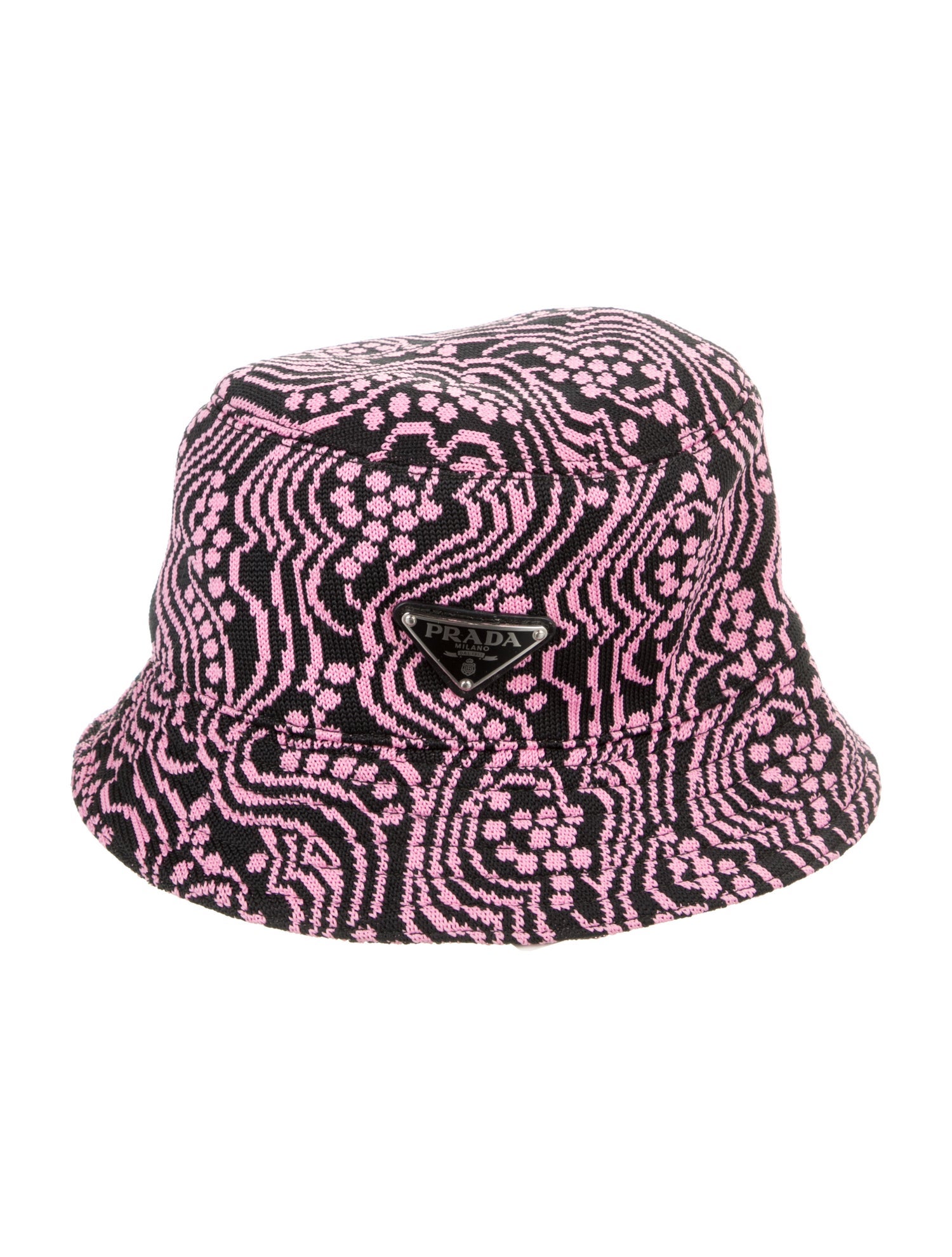 Prada Pink and black polyester knit Prada bucket hat featuring pattern print throughout. Designer size S