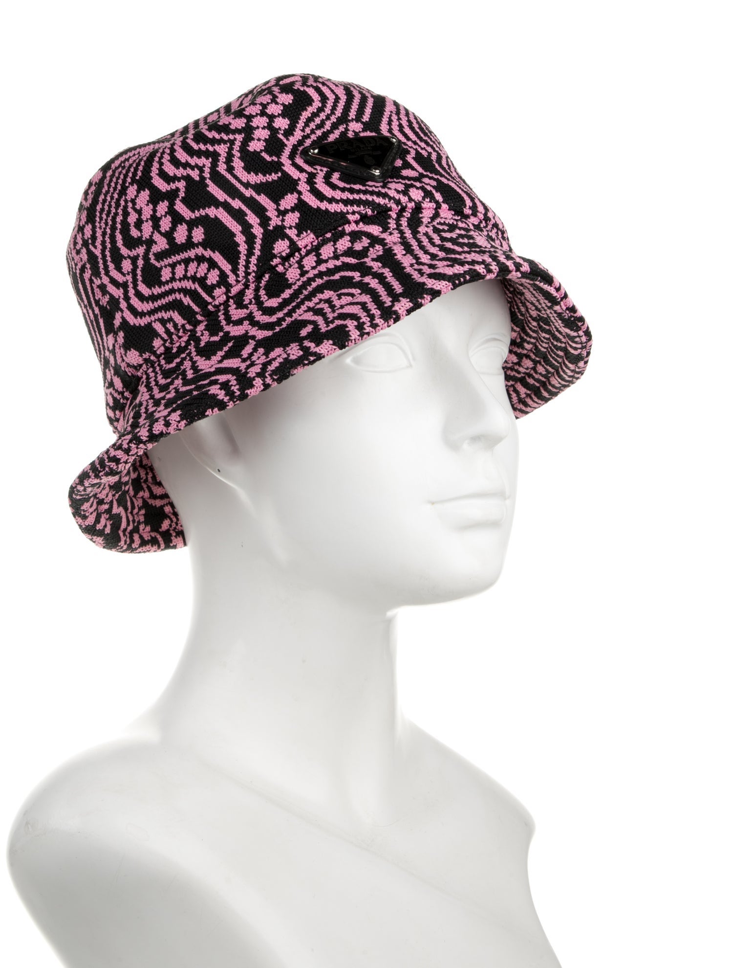 Prada Pink and black polyester knit Prada bucket hat featuring pattern print throughout. Designer size S