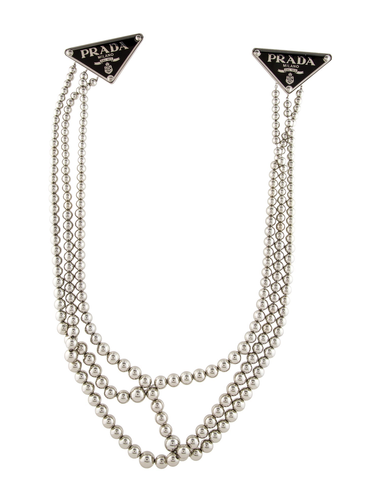 Prada Enamel Triangle Ball Chain Brooch Necklace