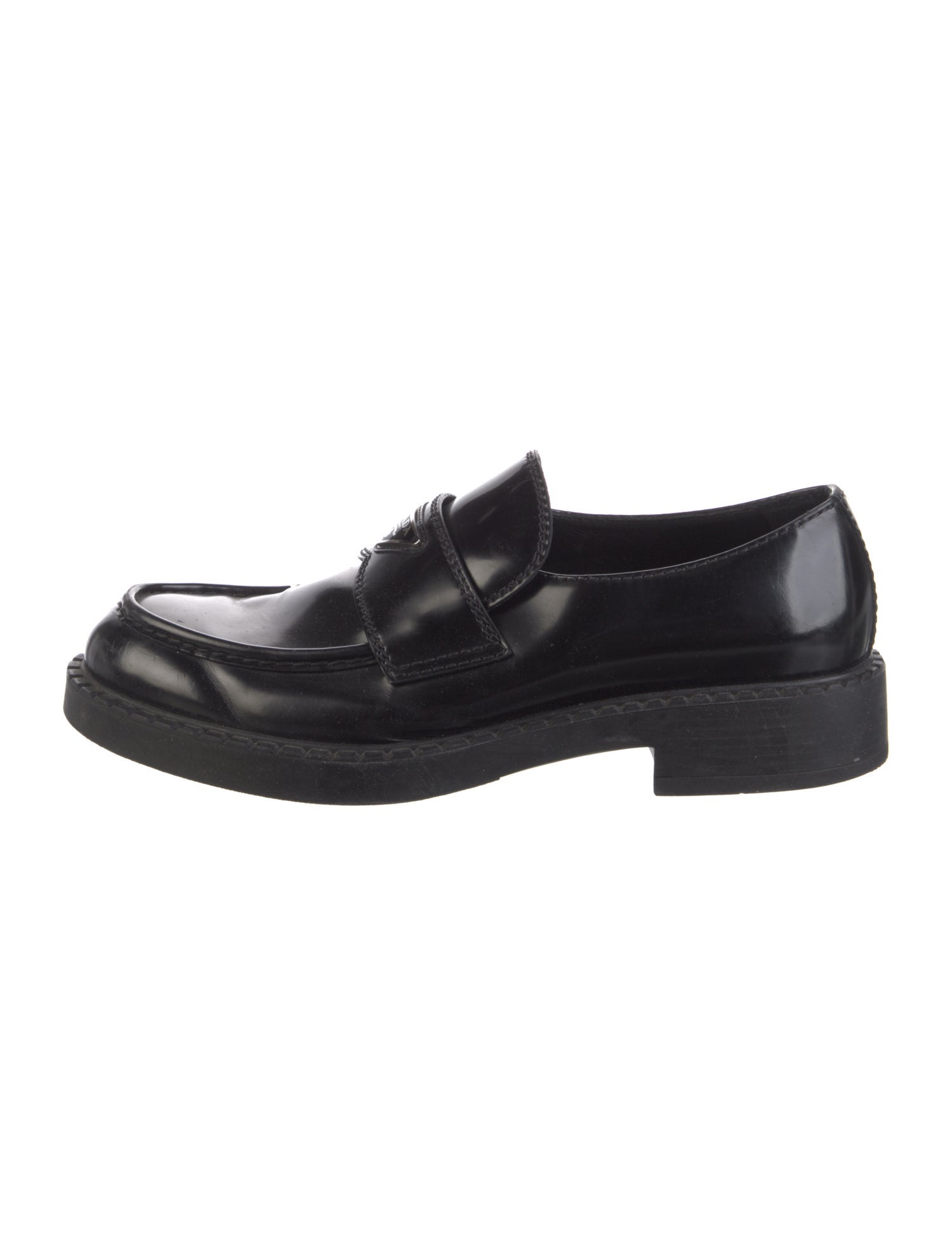 Prada Enameled Metal Triangle Patent Leather Loafers