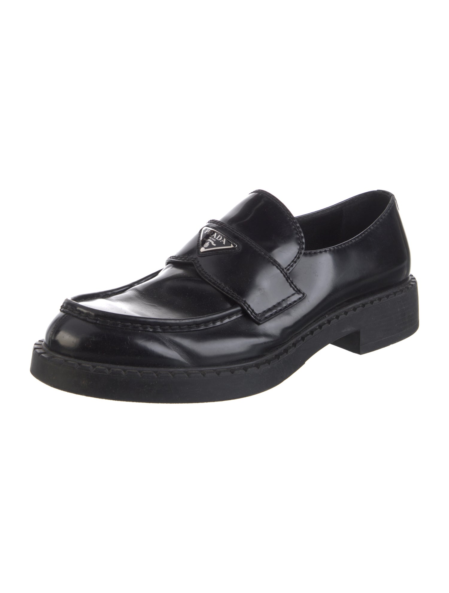 Prada Enameled Metal Triangle Patent Leather Loafers