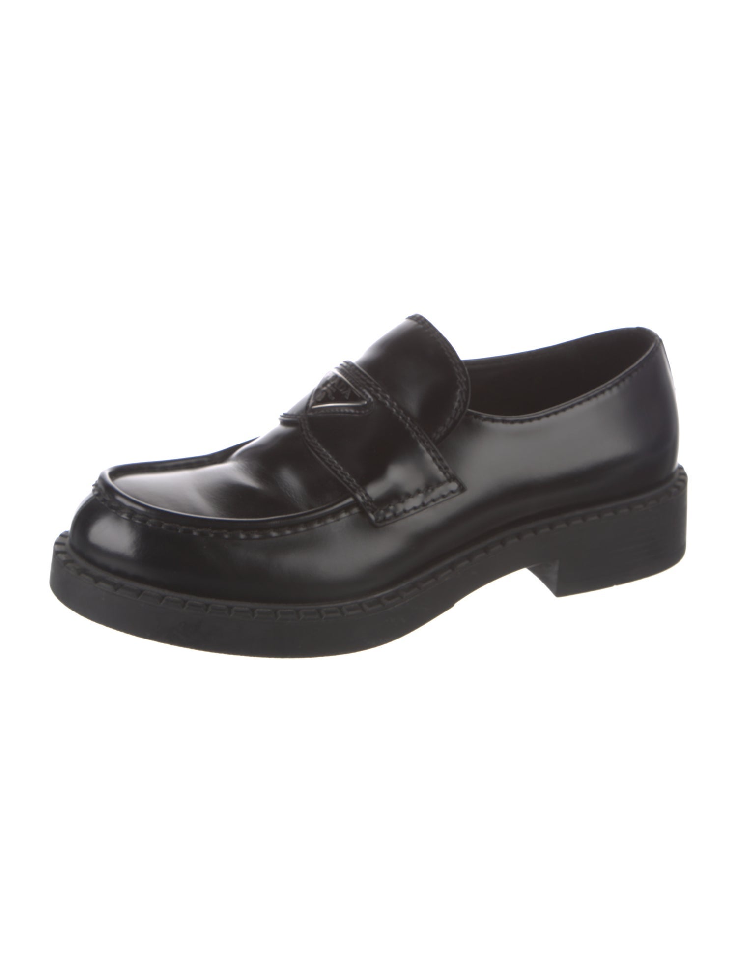 Prada Enameled Metal Triangle Patent Leather Dress Loafers