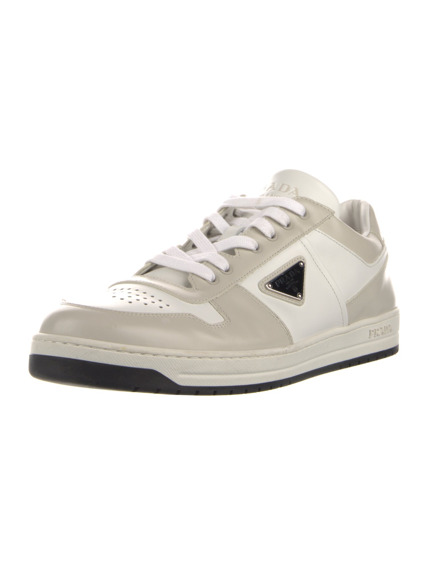 Prada Enameled Metal Triangle Leather Sneakers