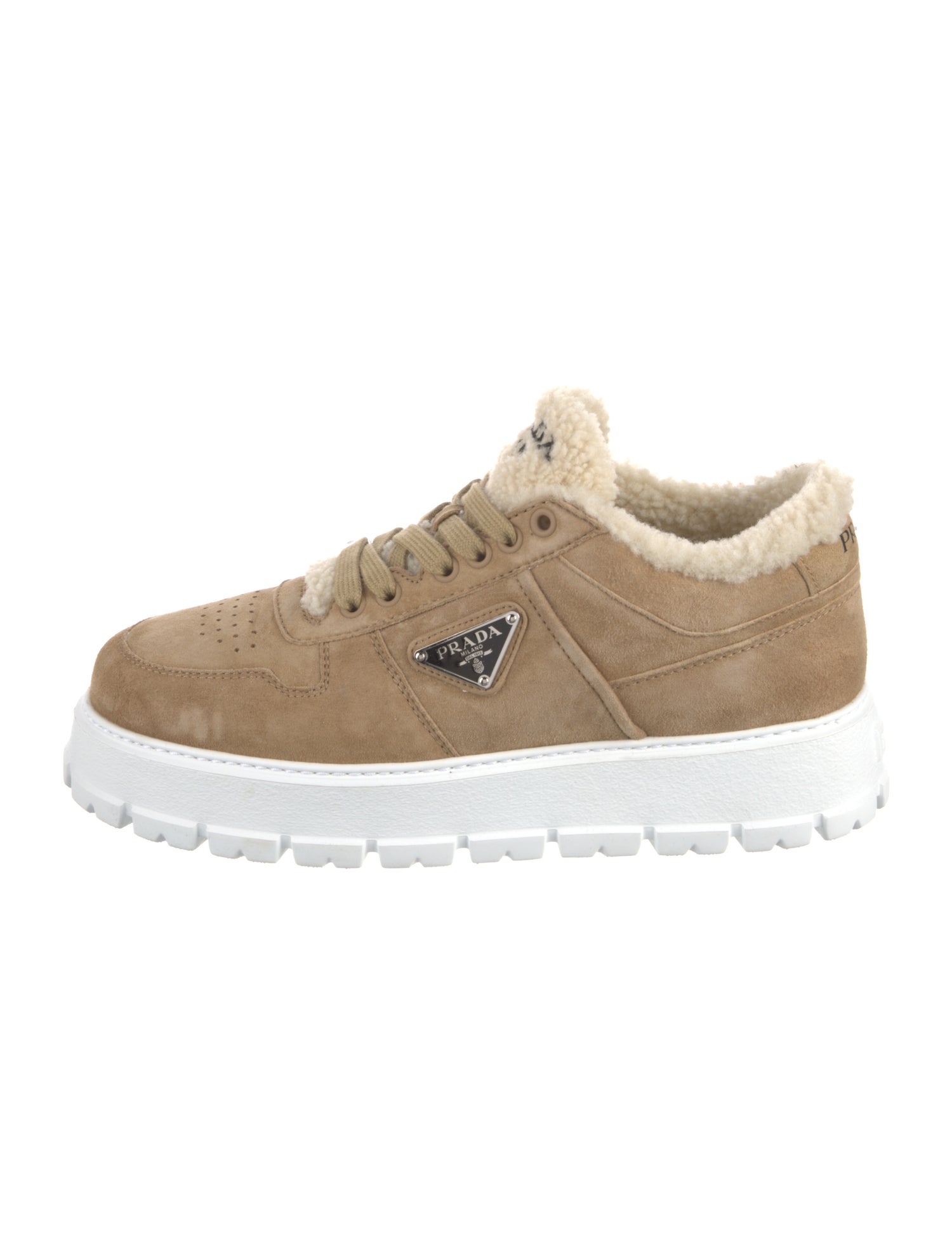 Prada Enameled Metal Triangle Suede Sneakers