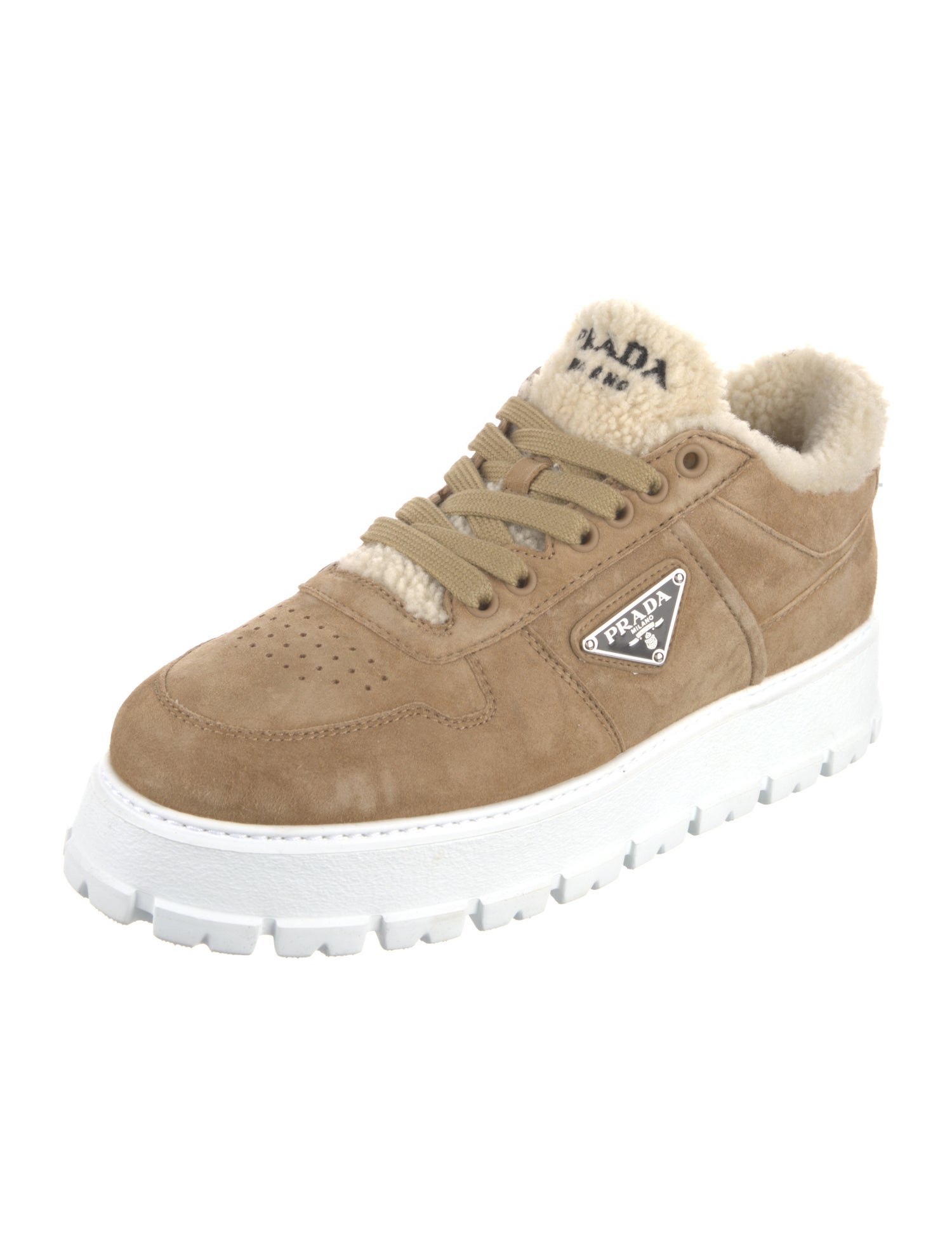 Prada Enameled Metal Triangle Suede Sneakers