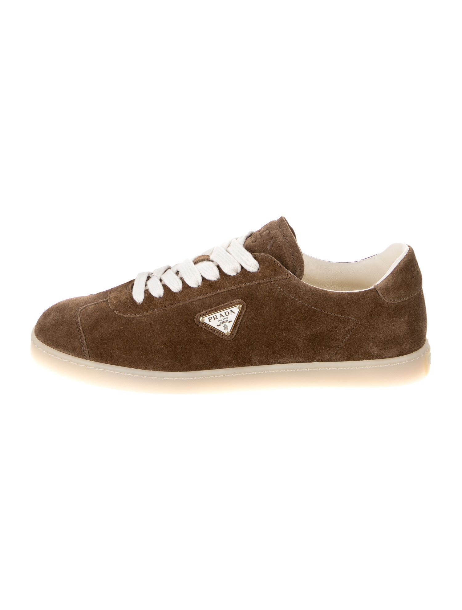 Prada Enameled Metal Triangle Suede Sneakers