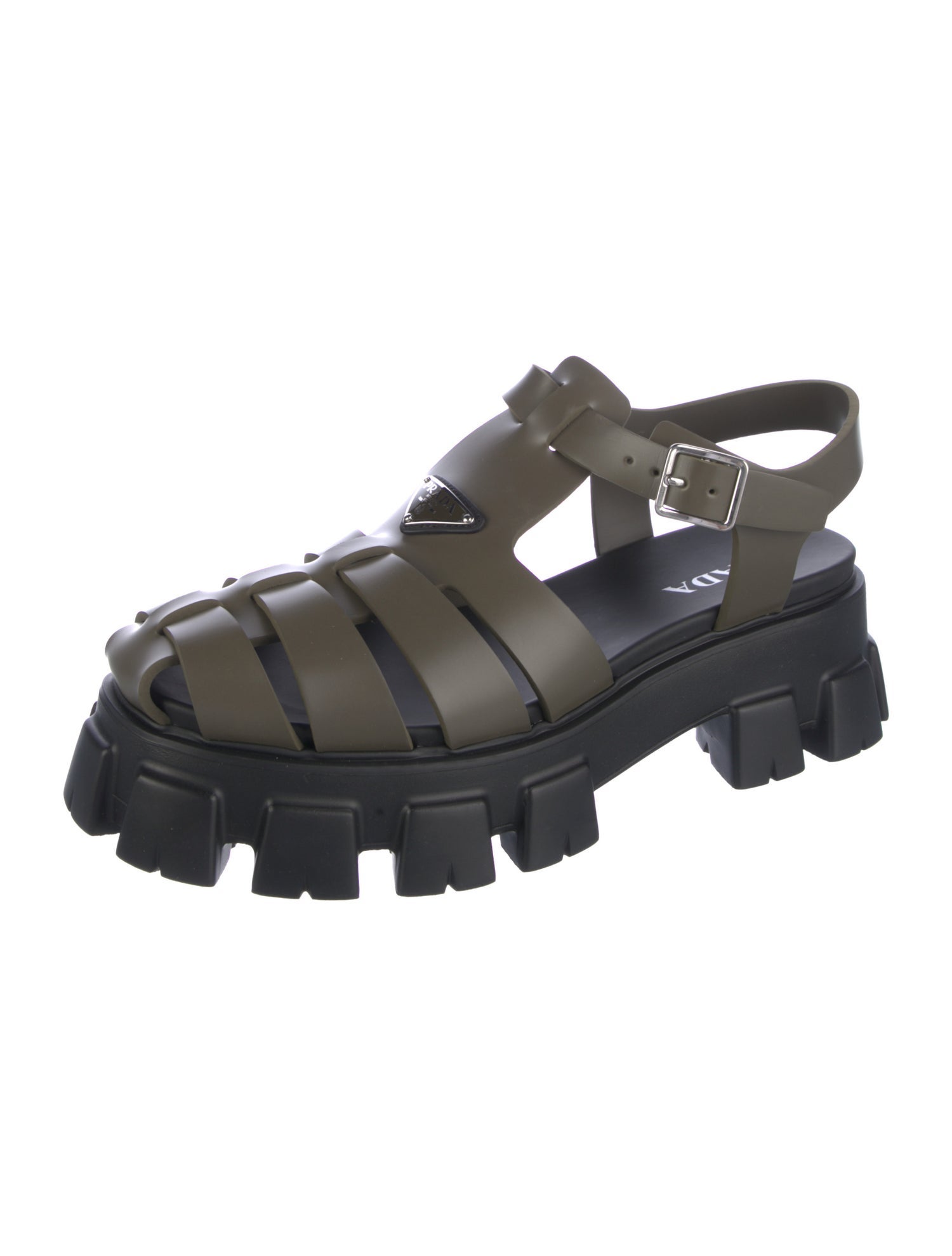 Prada Enameled Metal Triangle Rubber Sandals w/ Tags