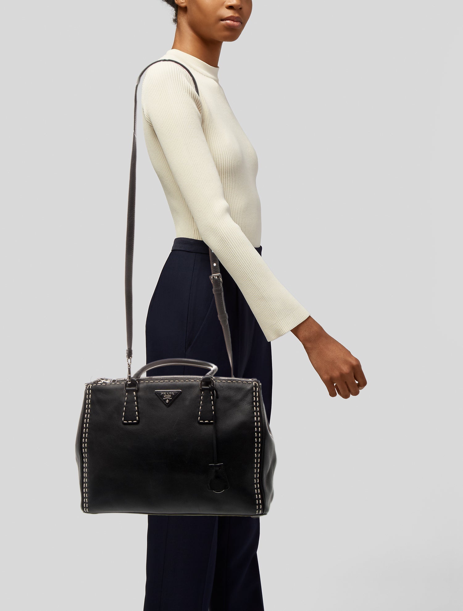 Prada Enameled Metal Triangle Galleria Double Zip Medium