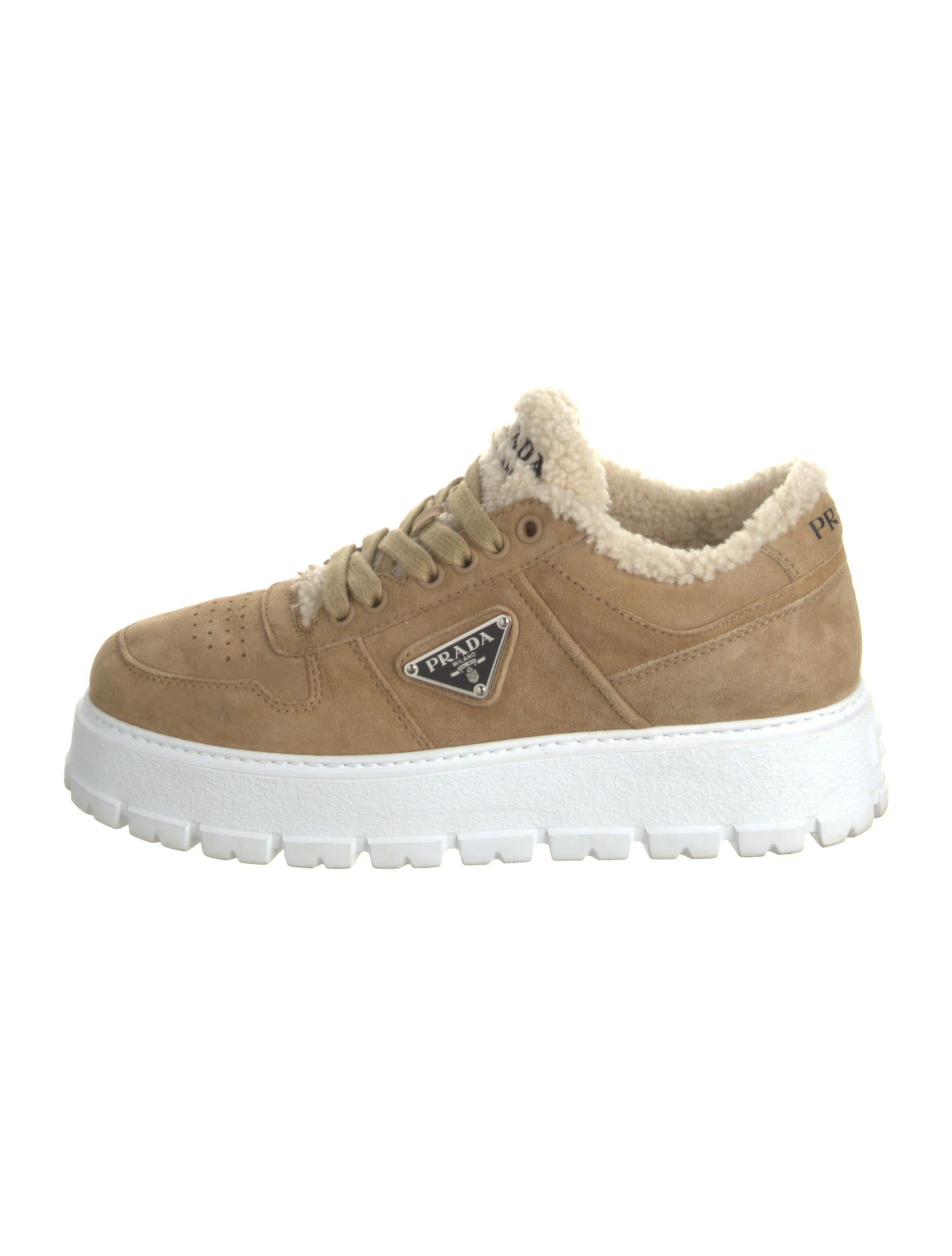 Prada Enameled Metal Triangle Suede Sneakers