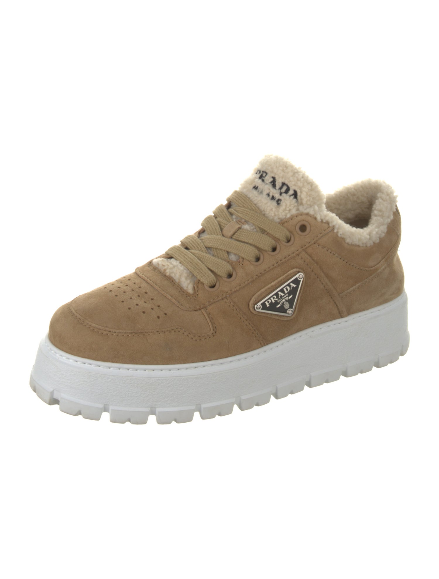 Prada Enameled Metal Triangle Suede Sneakers