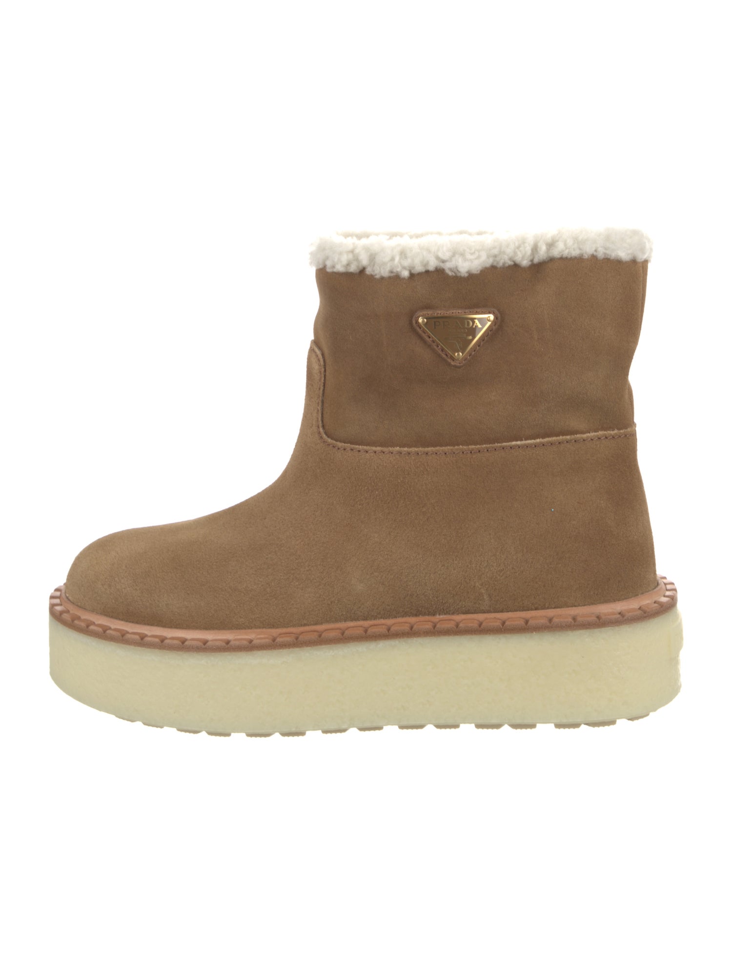 Prada Enameled Metal Triangle Suede Boots