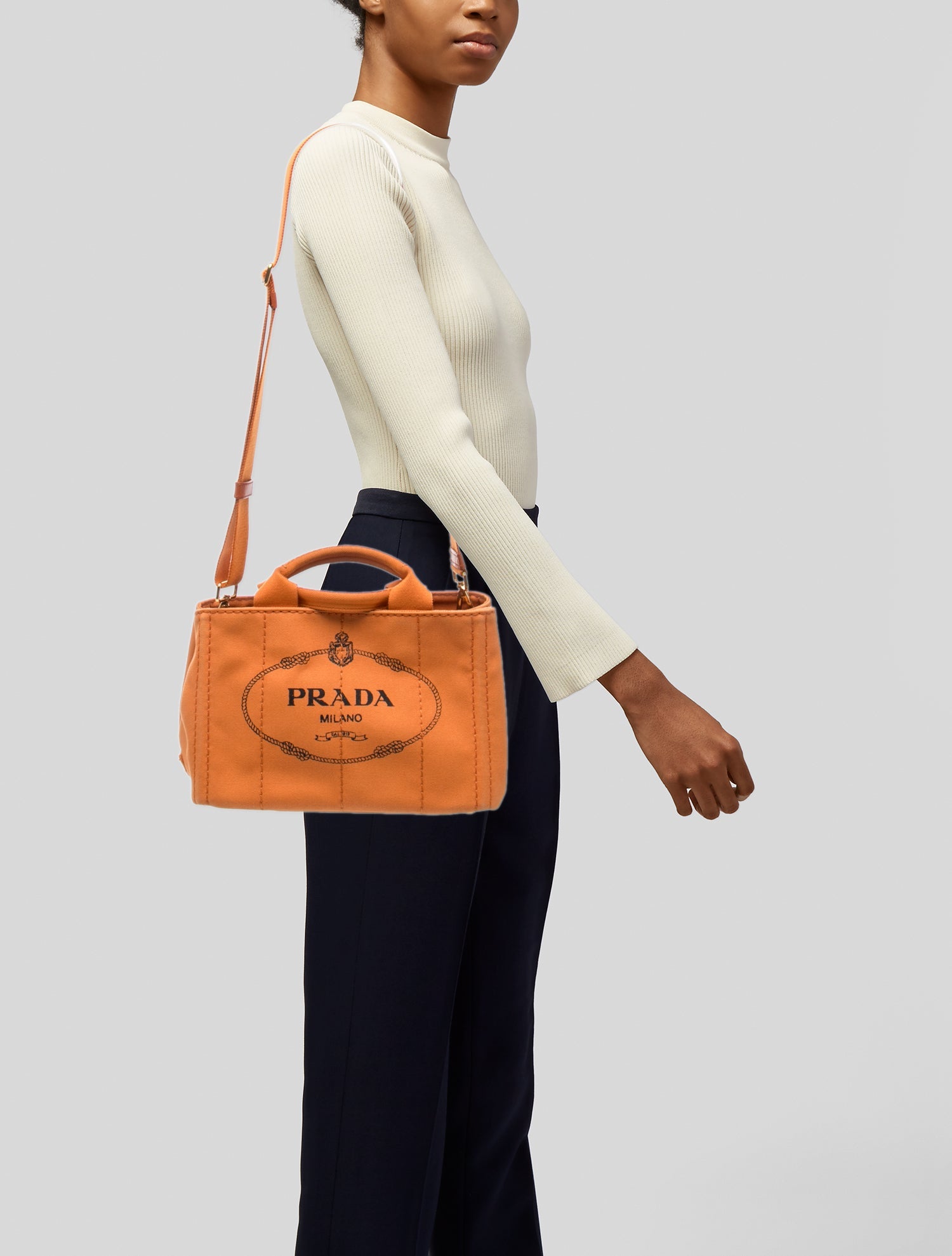 Prada Enameled Metal Triangle Logo Canapa Tote