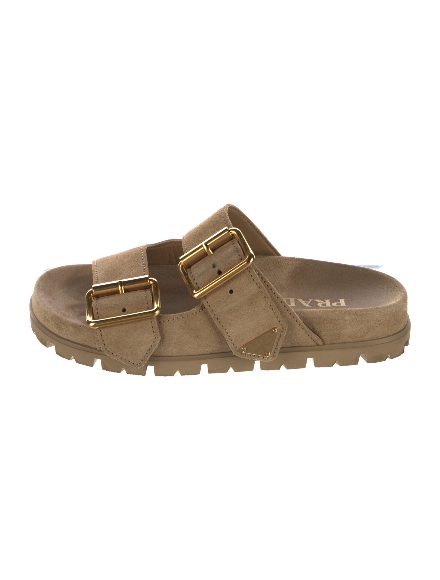 Prada Enameled Metal Triangle Suede Slides