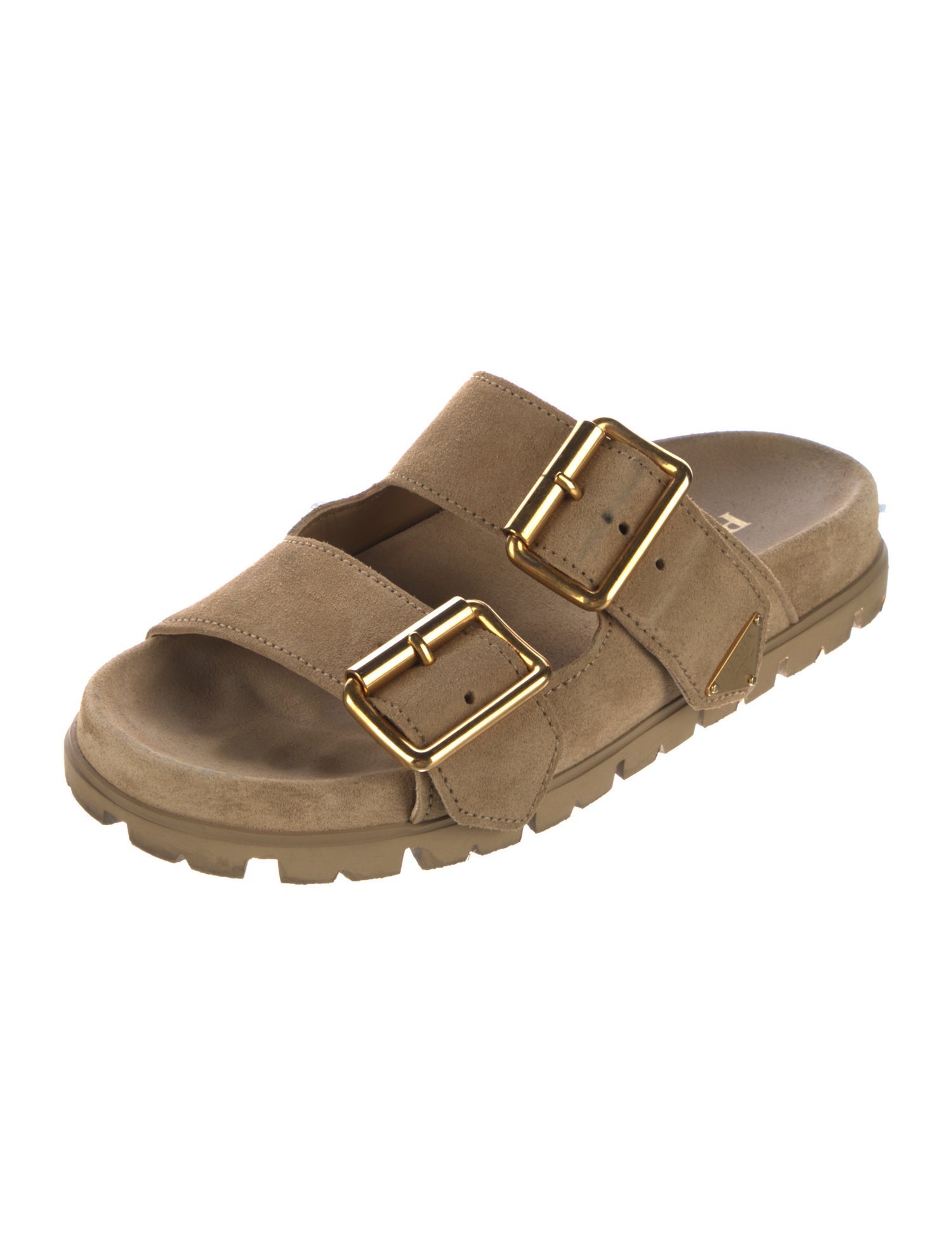 Prada Enameled Metal Triangle Suede Slides