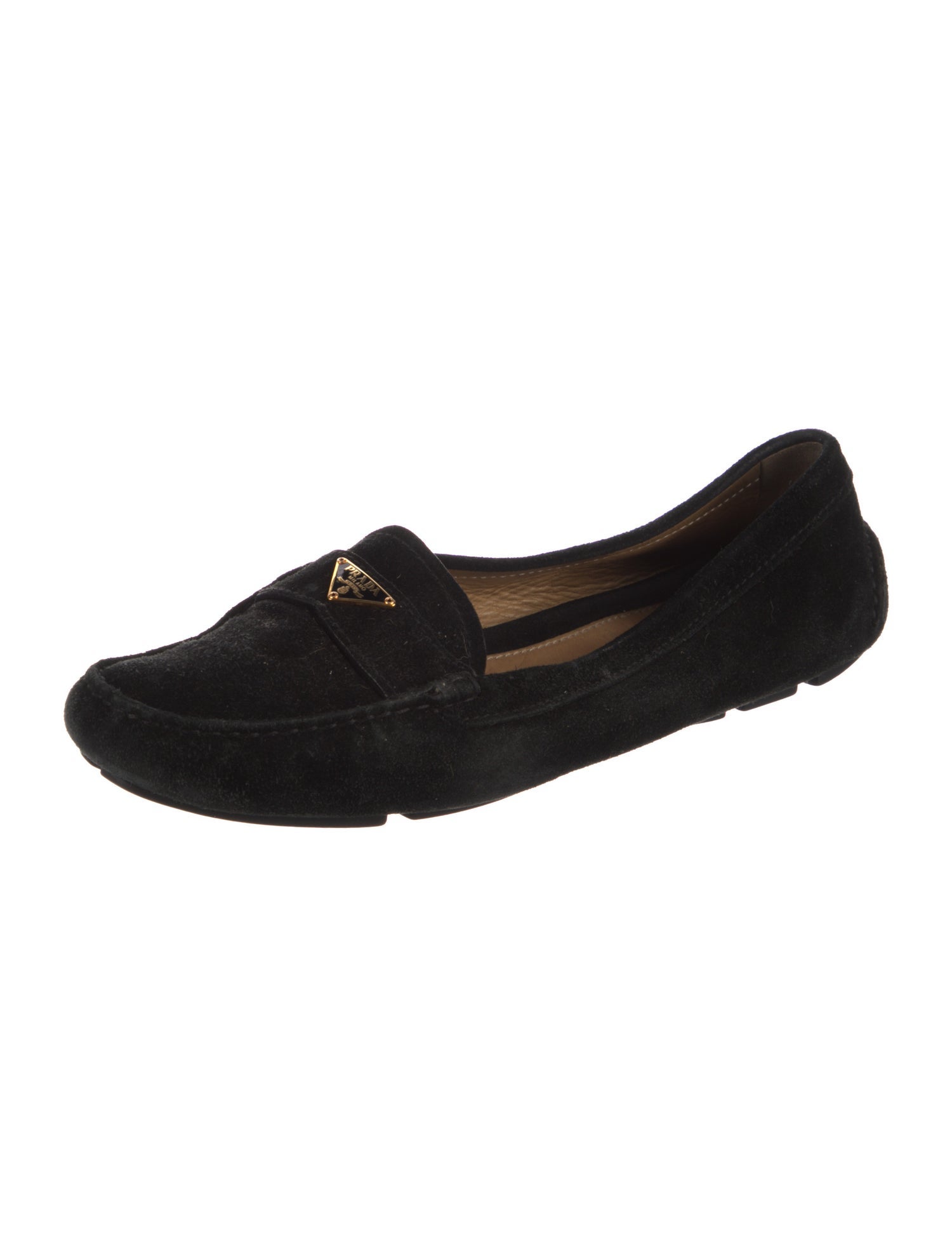 Prada Enameled Metal Triangle Suede Loafers