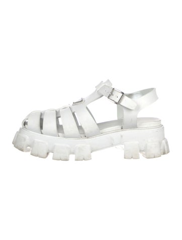 Pre-owned Prada Enameled Metal Triangle Rubber Gladiator Sandals In White