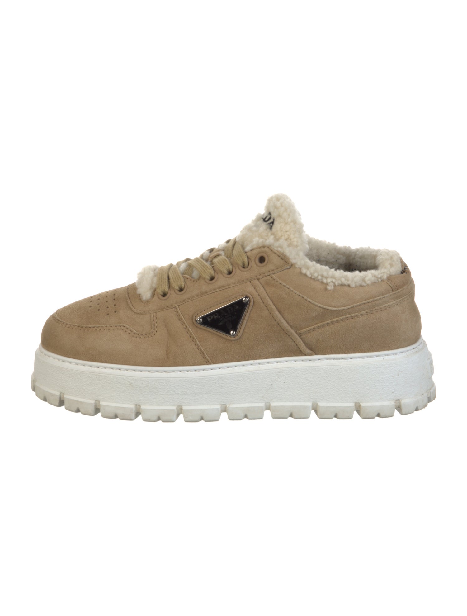 Prada Enameled Metal Triangle Suede Sneakers