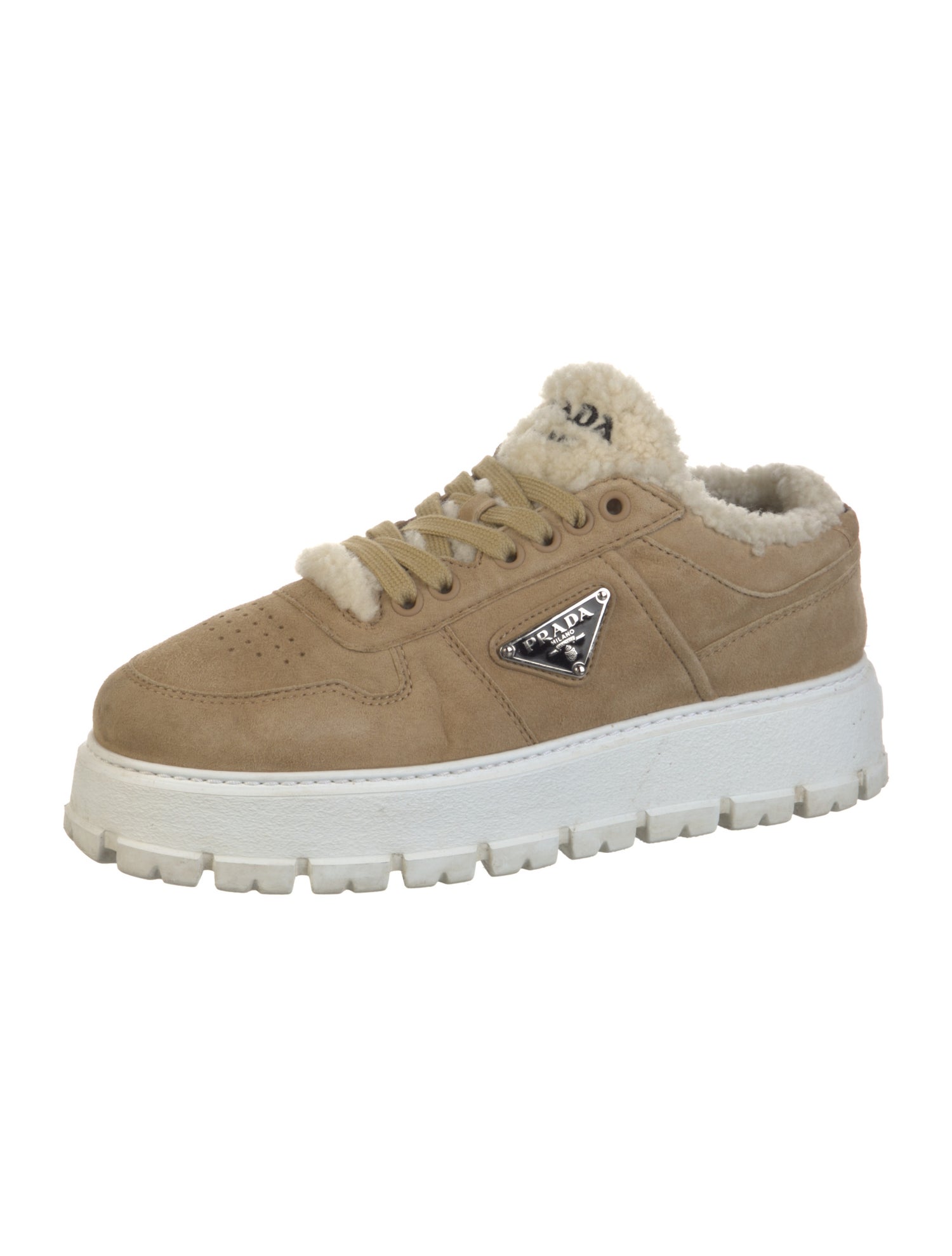 Prada Enameled Metal Triangle Suede Sneakers