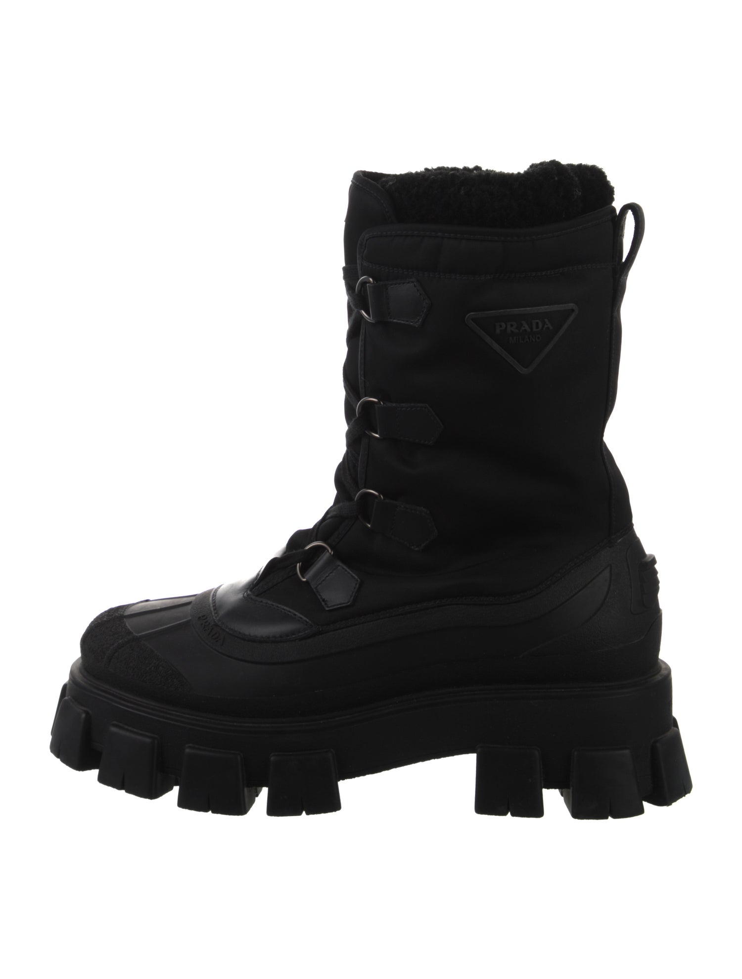 Prada Nylon Leather Trim Embellishment Combat Boots