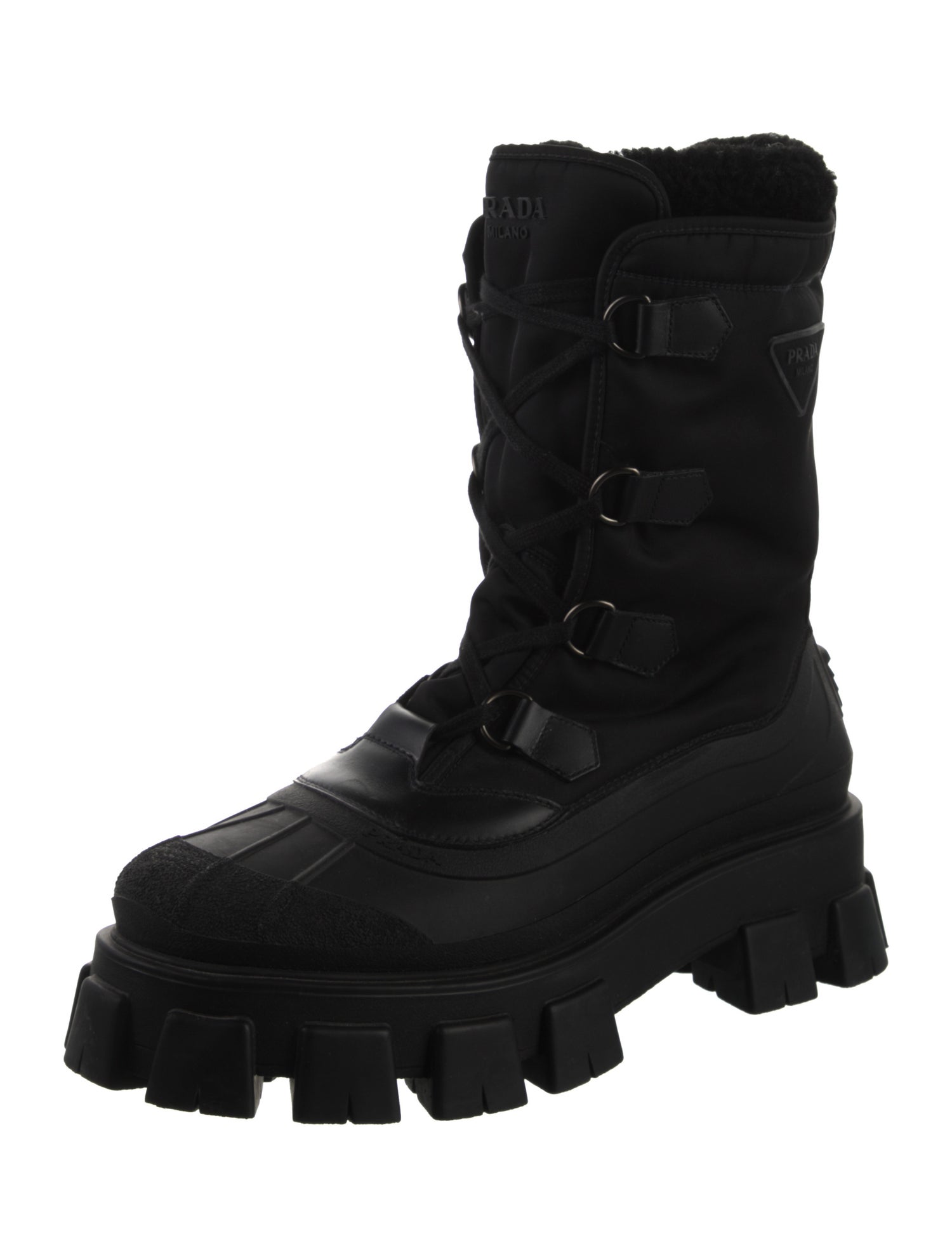 Prada Nylon Leather Trim Embellishment Combat Boots