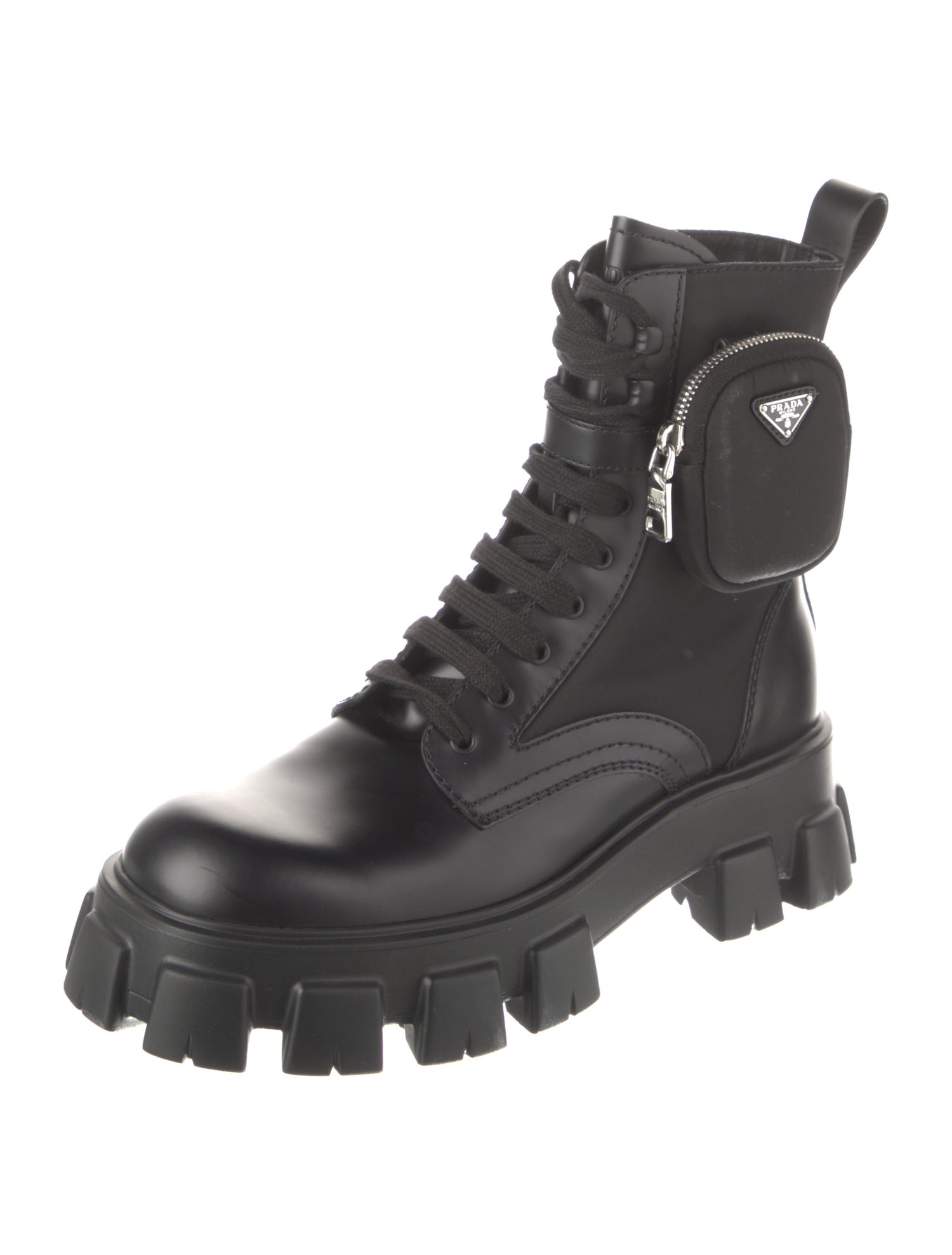 Prada Nylon Leather Trim Embellishment Combat Boots