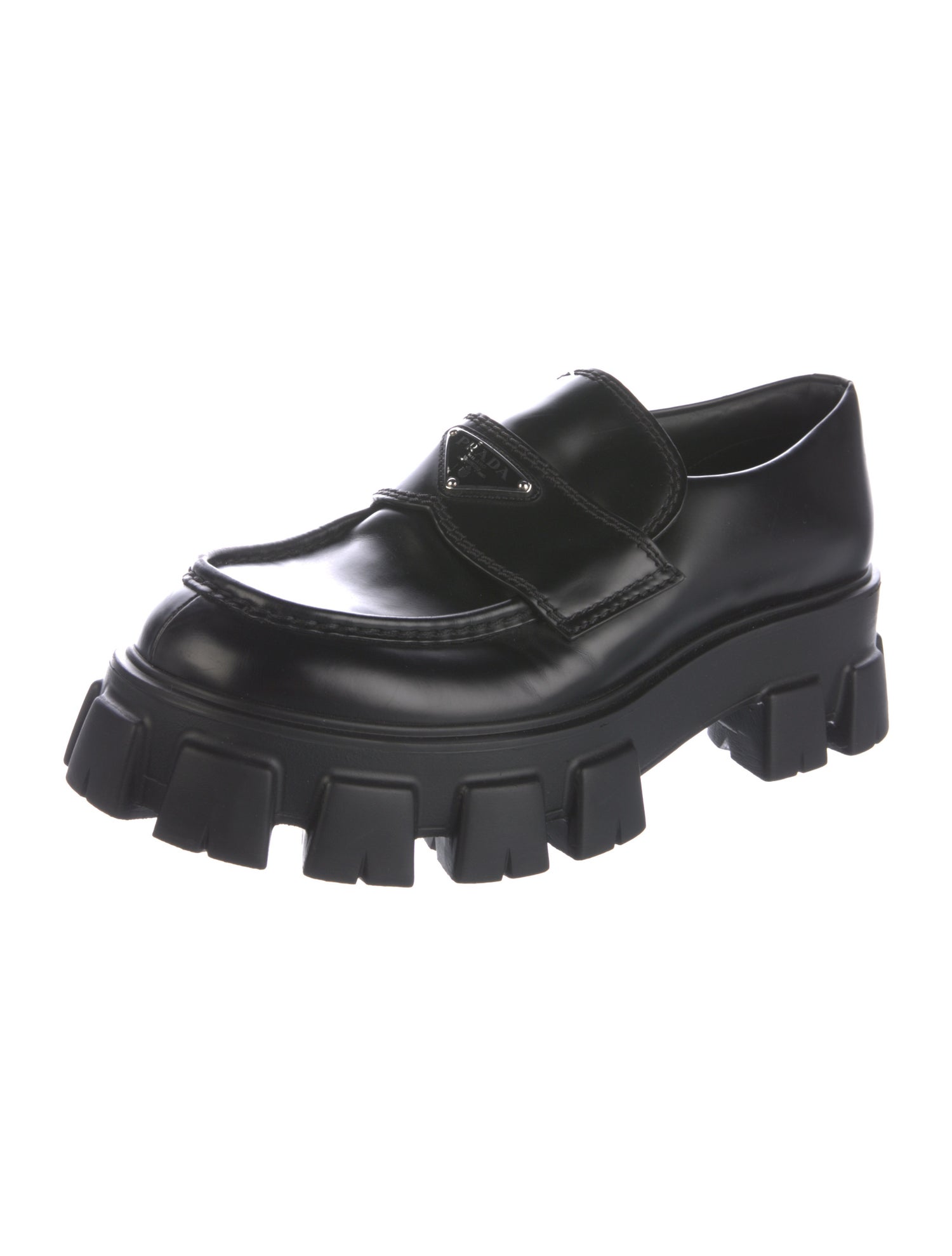 Prada Enameled Metal Triangle Leather Dress Loafers