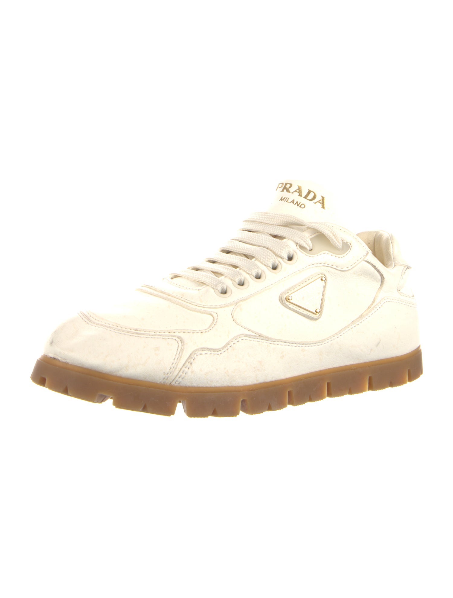 Prada Enameled Metal Triangle Leather Sneakers