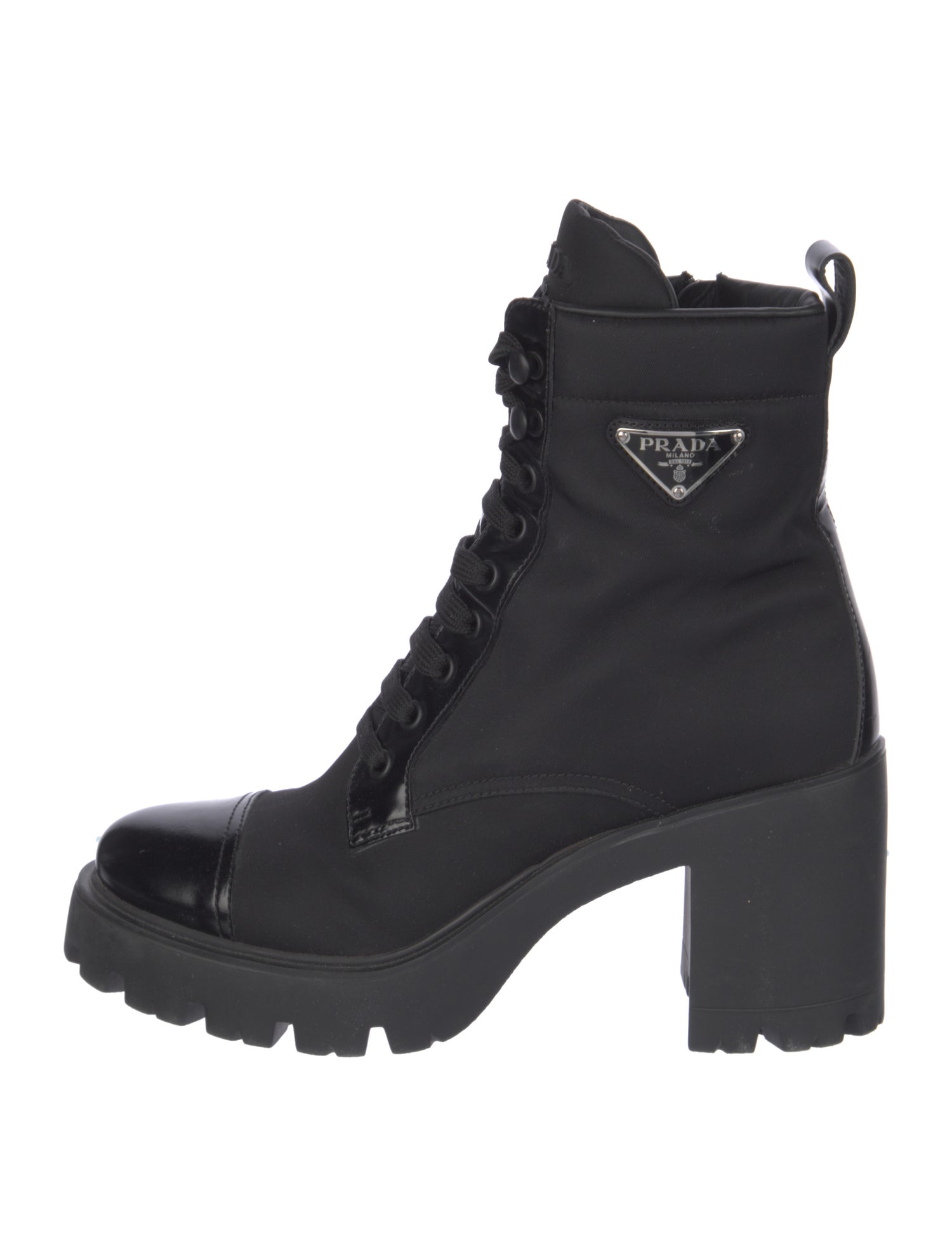 Prada Enameled Metal Triangle Nylon Combat Boots