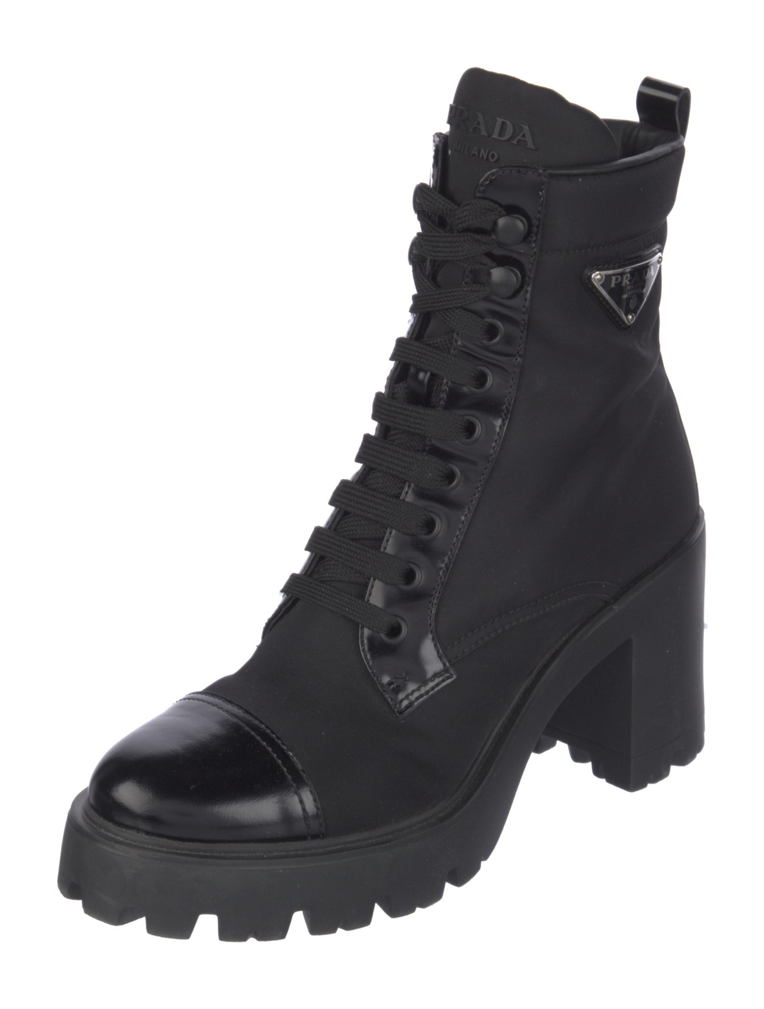 Prada Enameled Metal Triangle Nylon Combat Boots