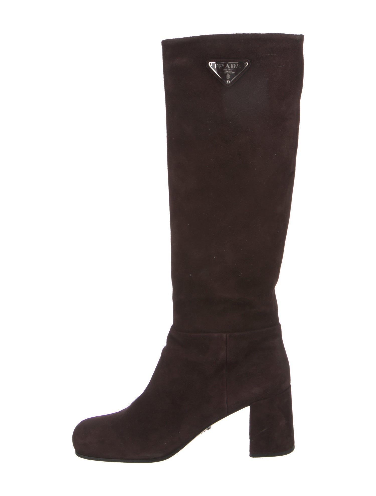 Prada Enameled Metal Triangle Suede Boots