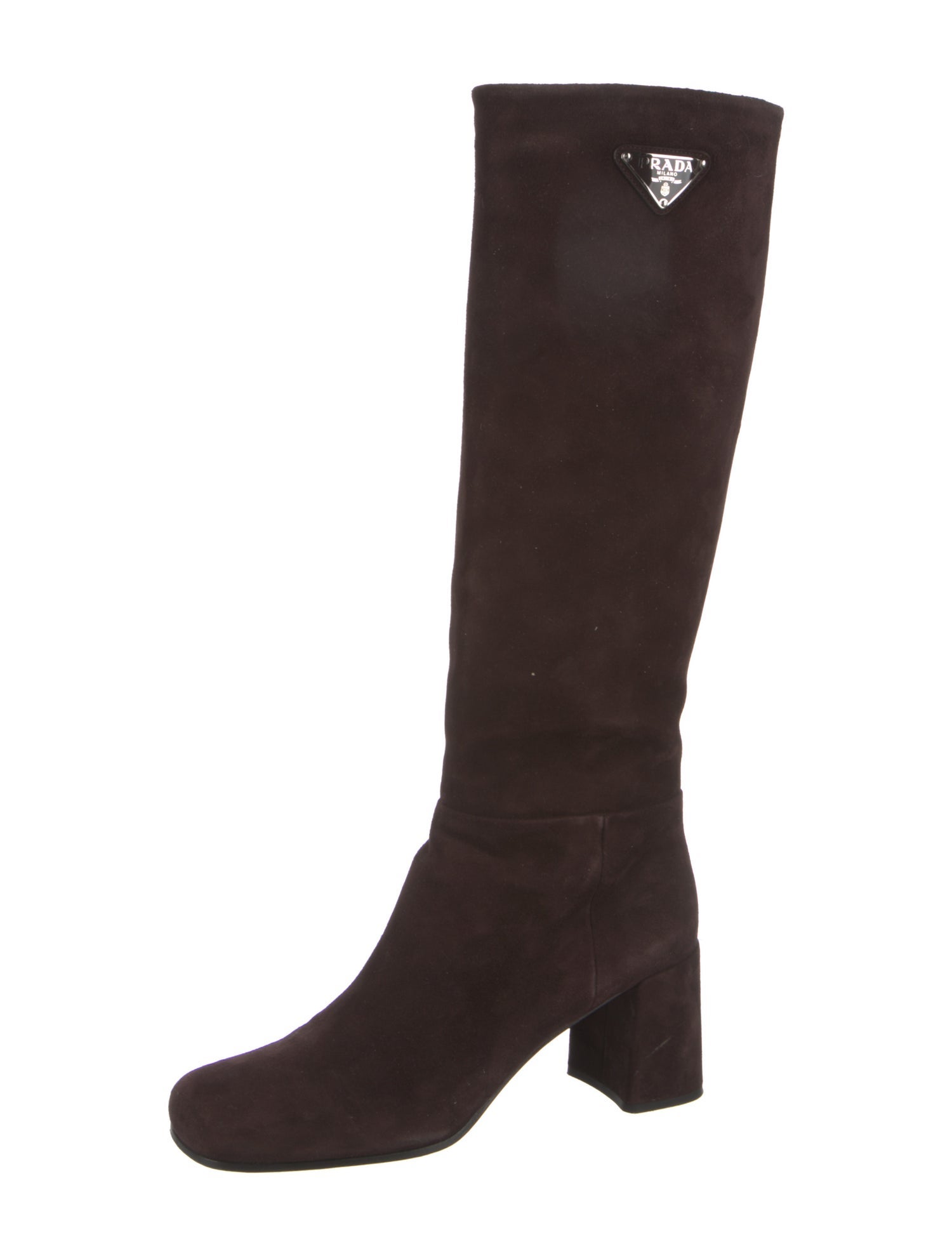 Prada Enameled Metal Triangle Suede Boots