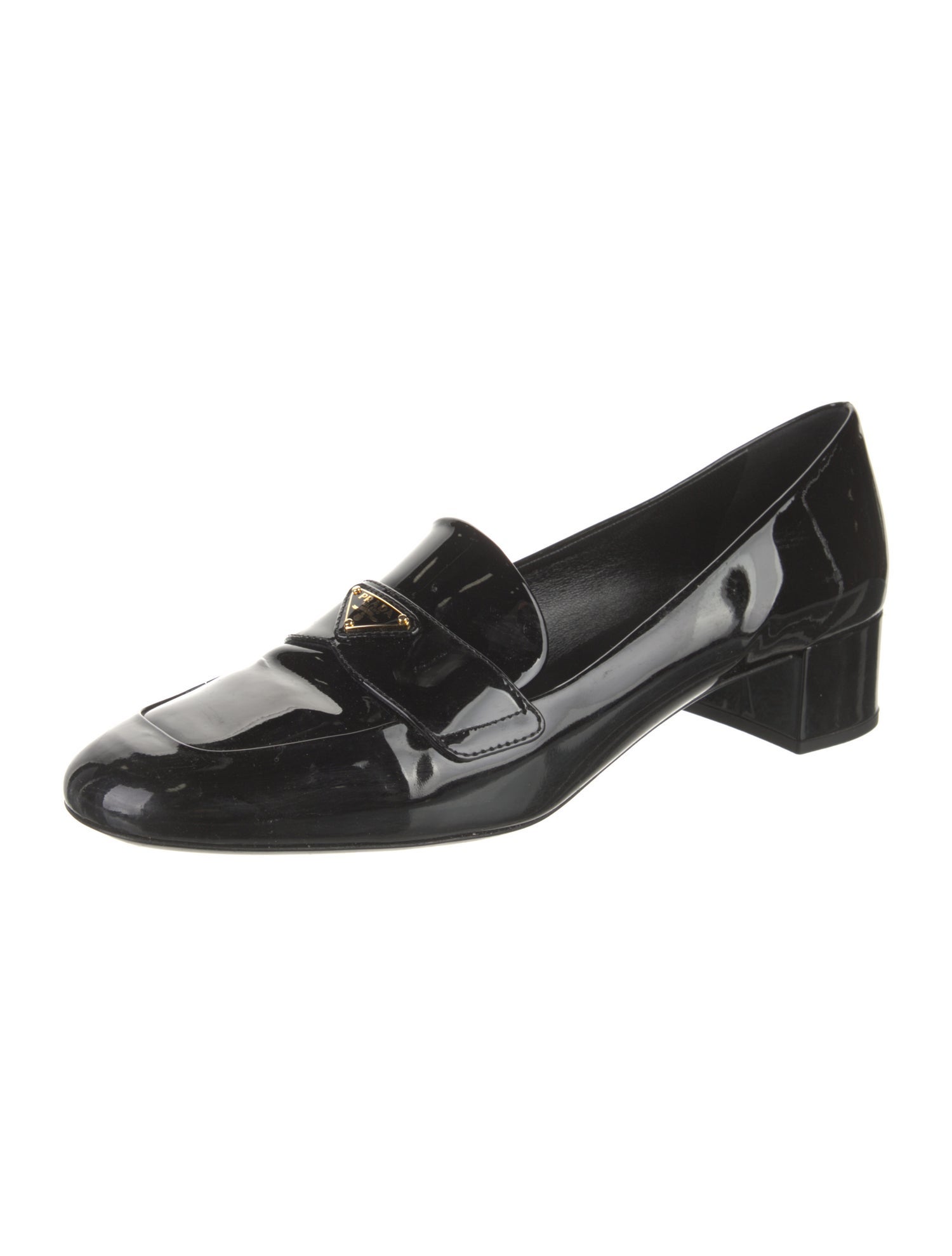 Prada Enameled Metal Triangle Patent Leather Pumps