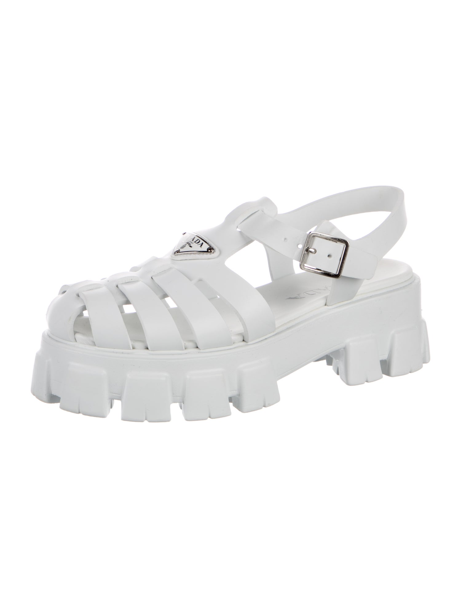 Prada Enameled Metal Triangle Rubber Slingback Sandals