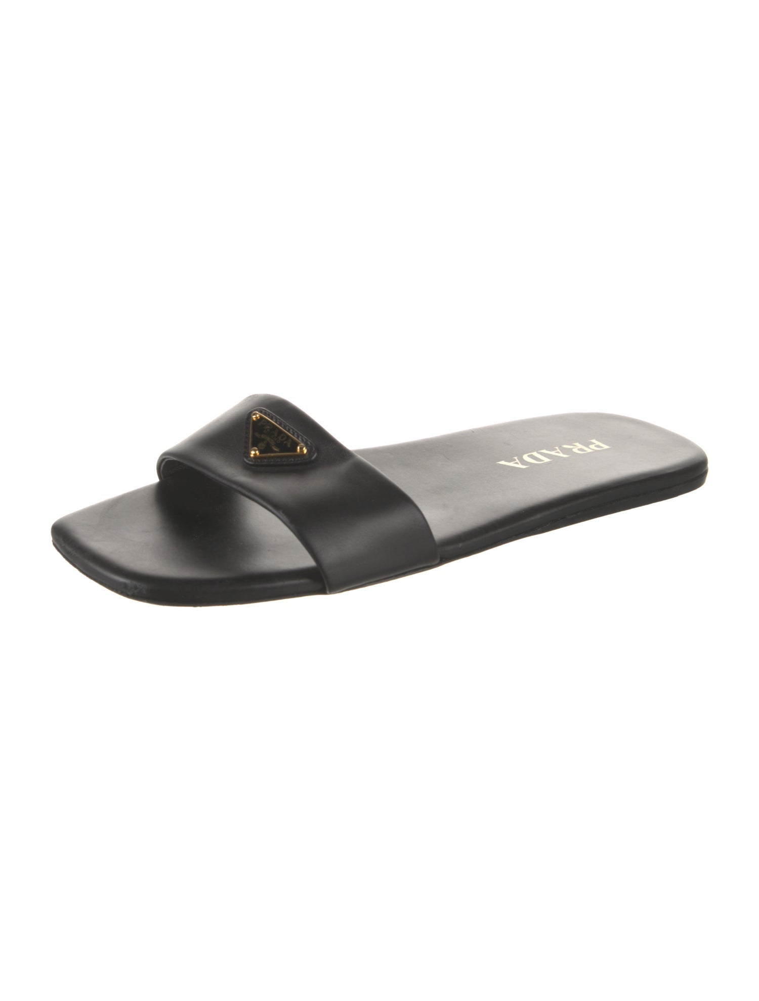 Prada Enameled Metal Triangle Leather Slides