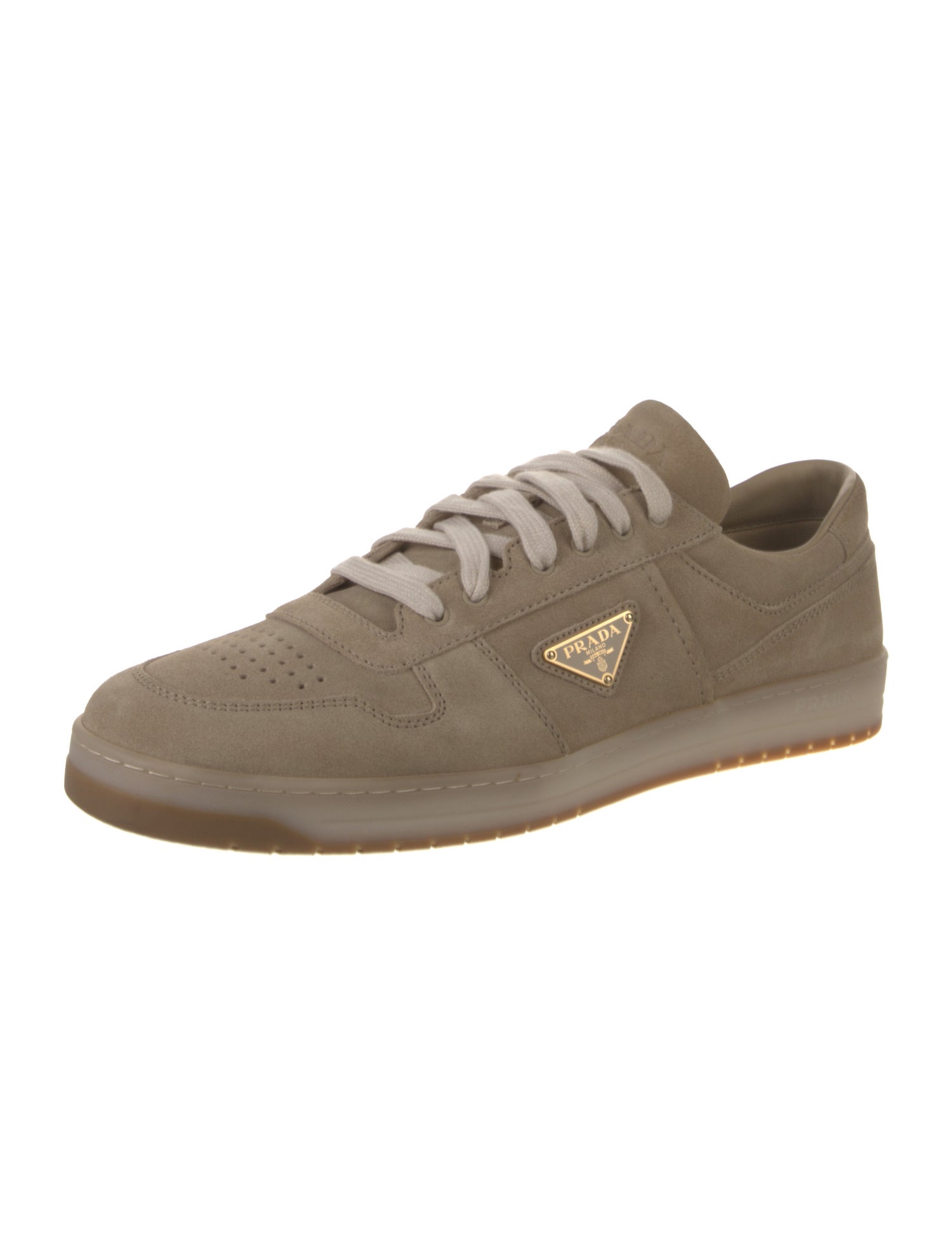 Prada Enameled Metal Triangle Suede Sneakers