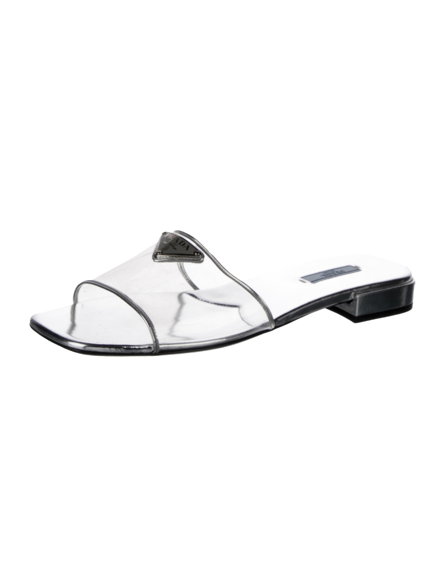 Prada Enameled Metal Triangle PVC Slides