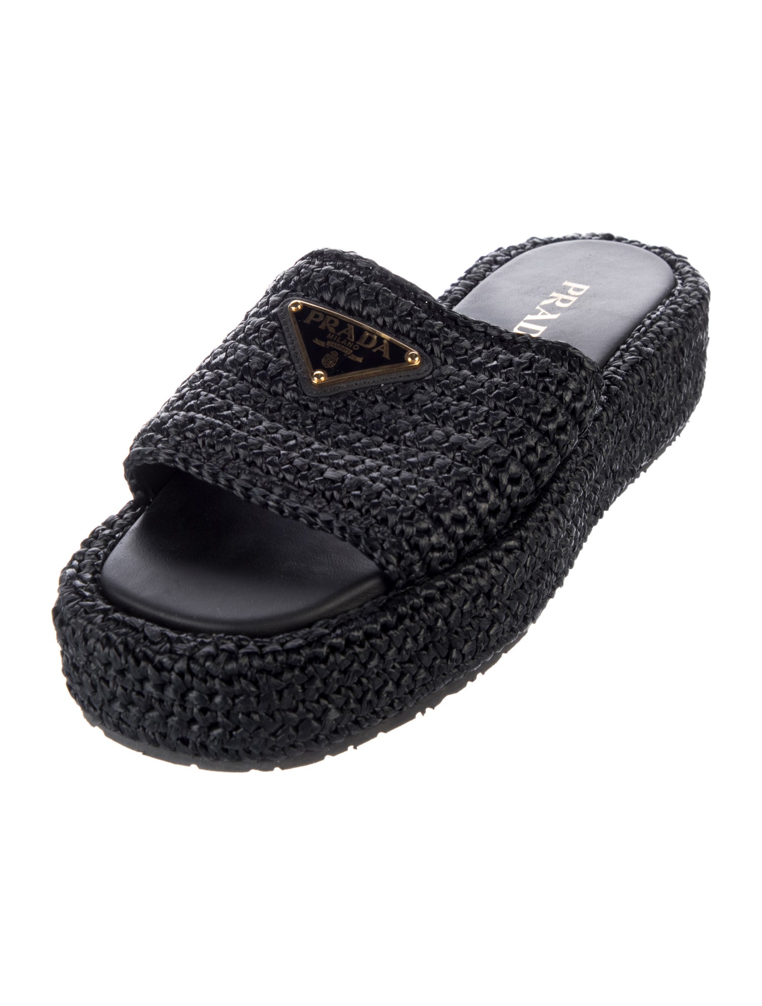 Prada Enameled Metal Triangle Raffia Espadrilles