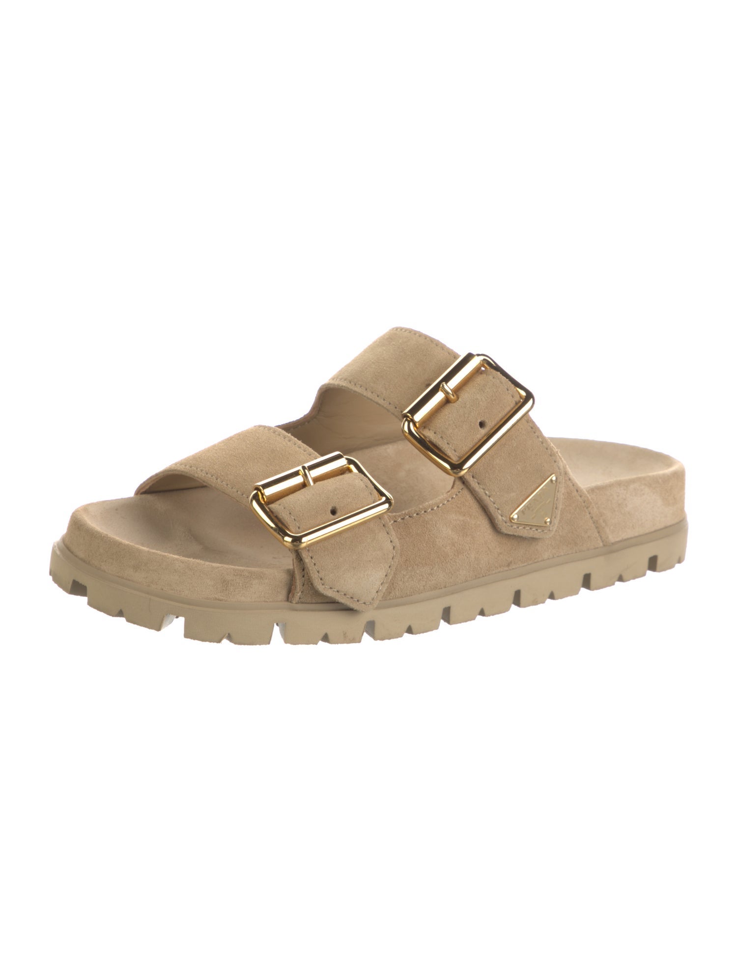 Prada Enameled Metal Triangle Suede Slides