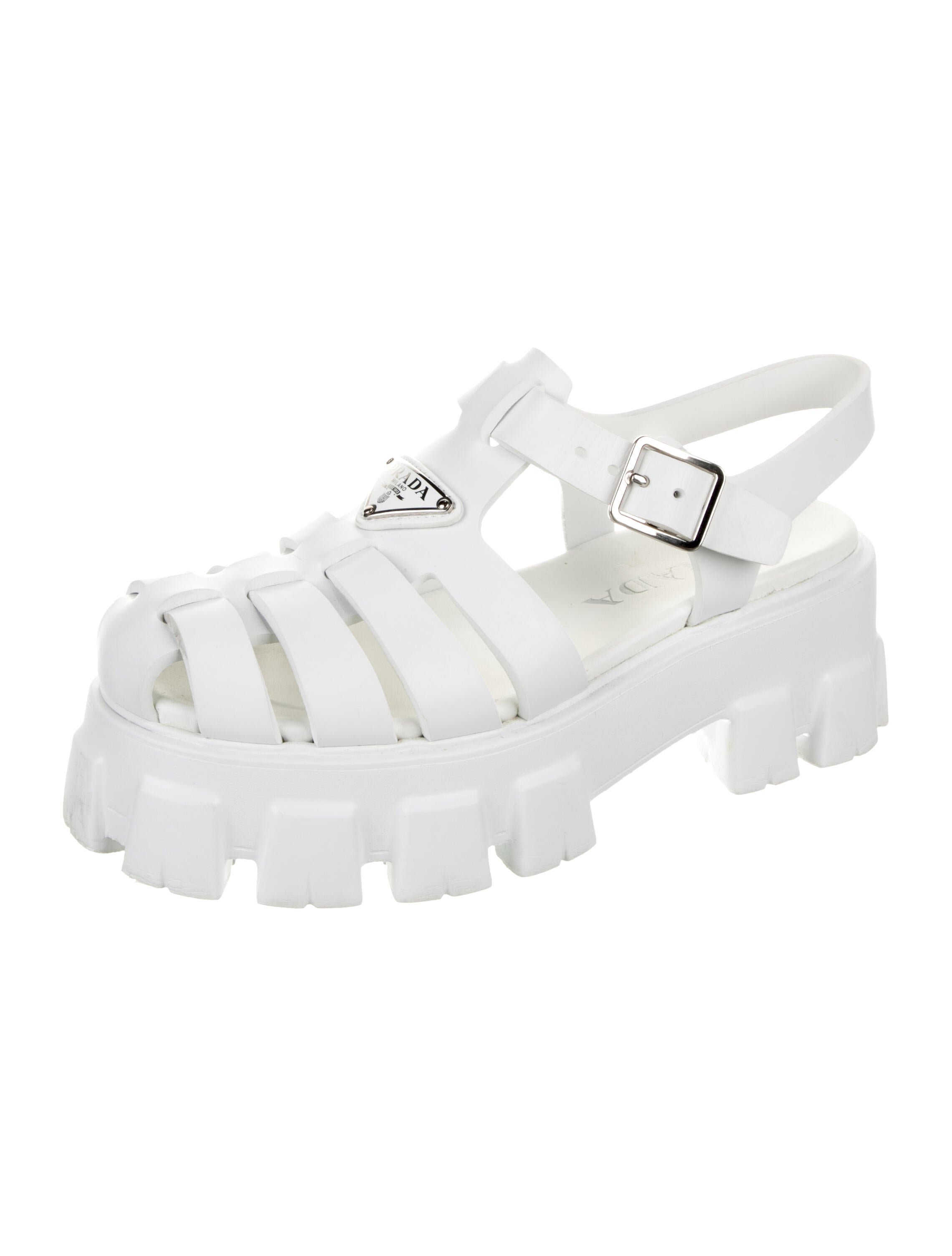 Prada Enameled Metal Triangle Rubber Gladiator Sandals