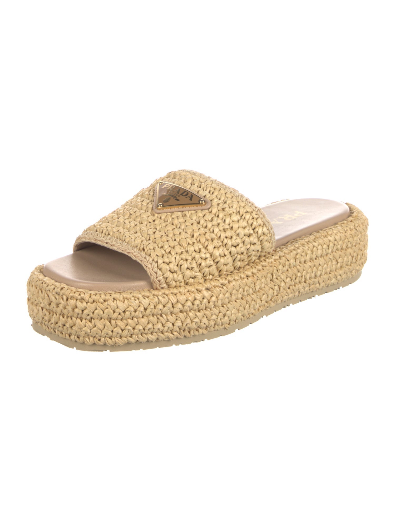Prada Enameled Metal Triangle Raffia Espadrilles
