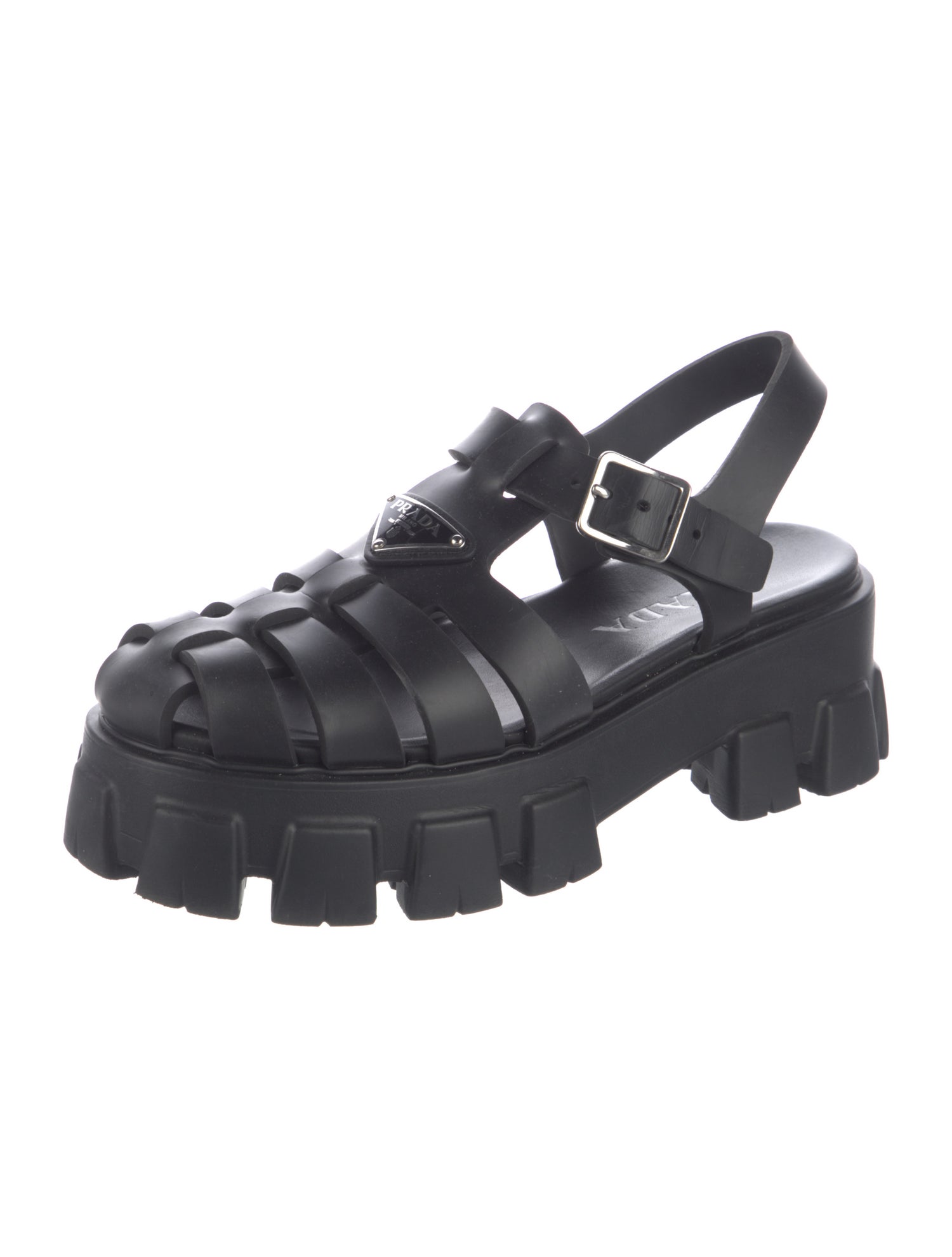 Prada Enameled Metal Triangle Rubber Slingback Sandals