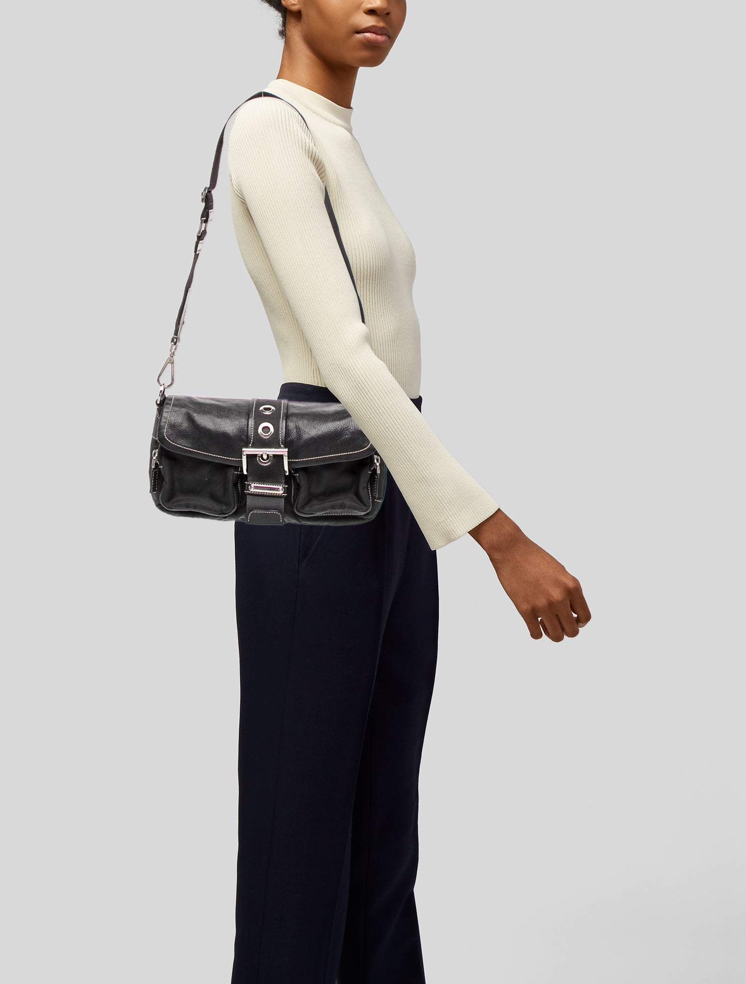 Prada Tessuto Nylon PradaPrada Buffalo Trimmed Tessuto Buckle Shoulder Bag Small