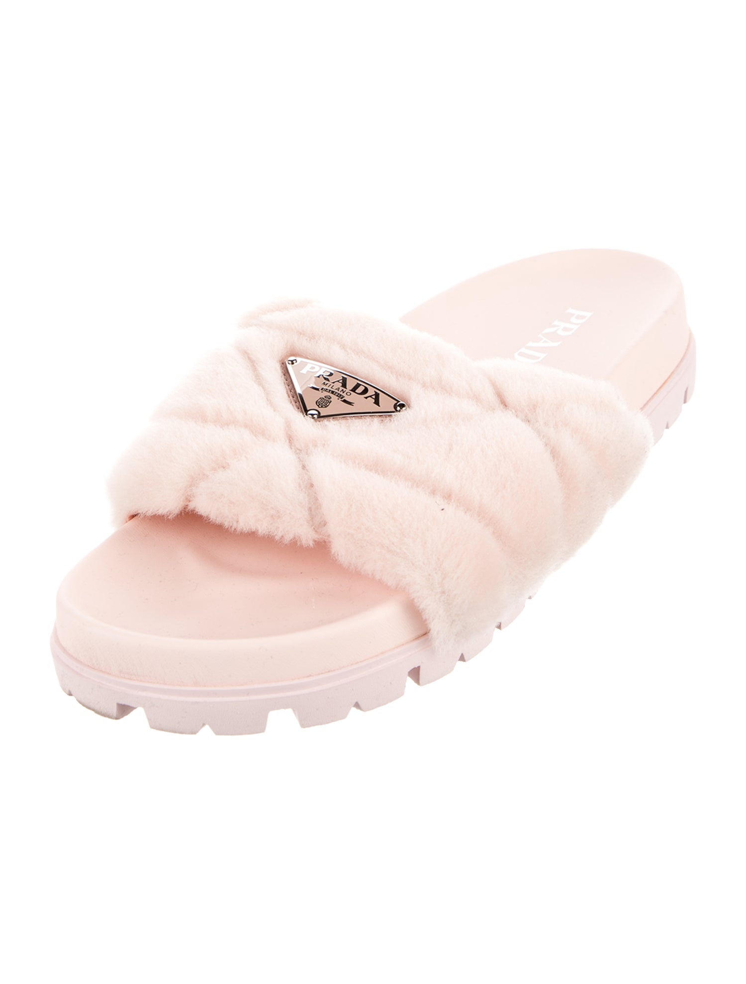 Prada Enameled Metal Triangle Leather Slides