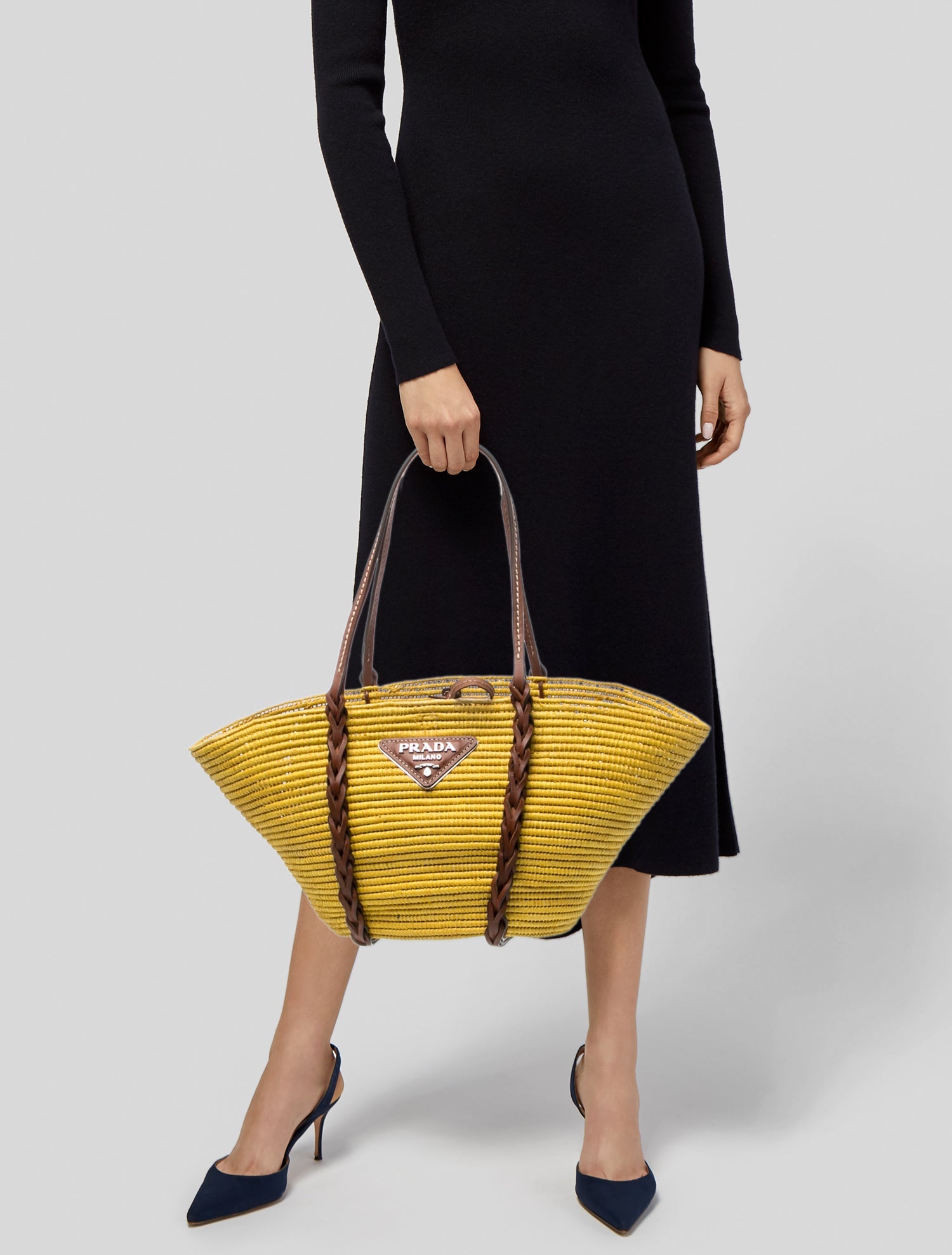 Prada Enameled Metal Triangle Raffia Bag