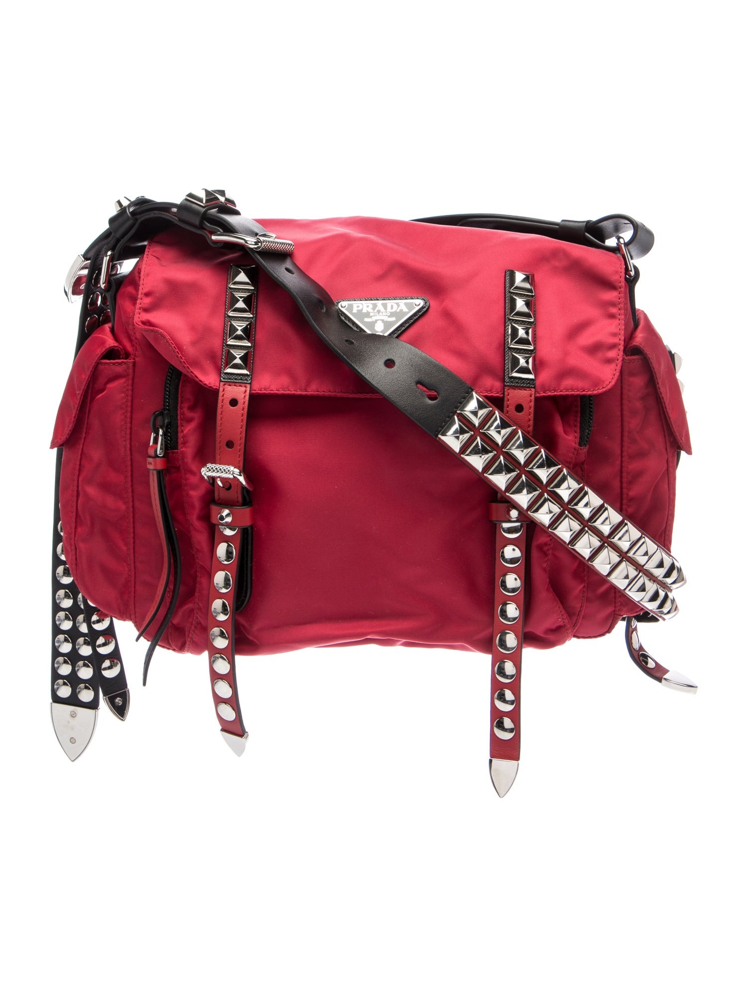 Prada Enameled Metal Triangle New Vela Studded Messenger