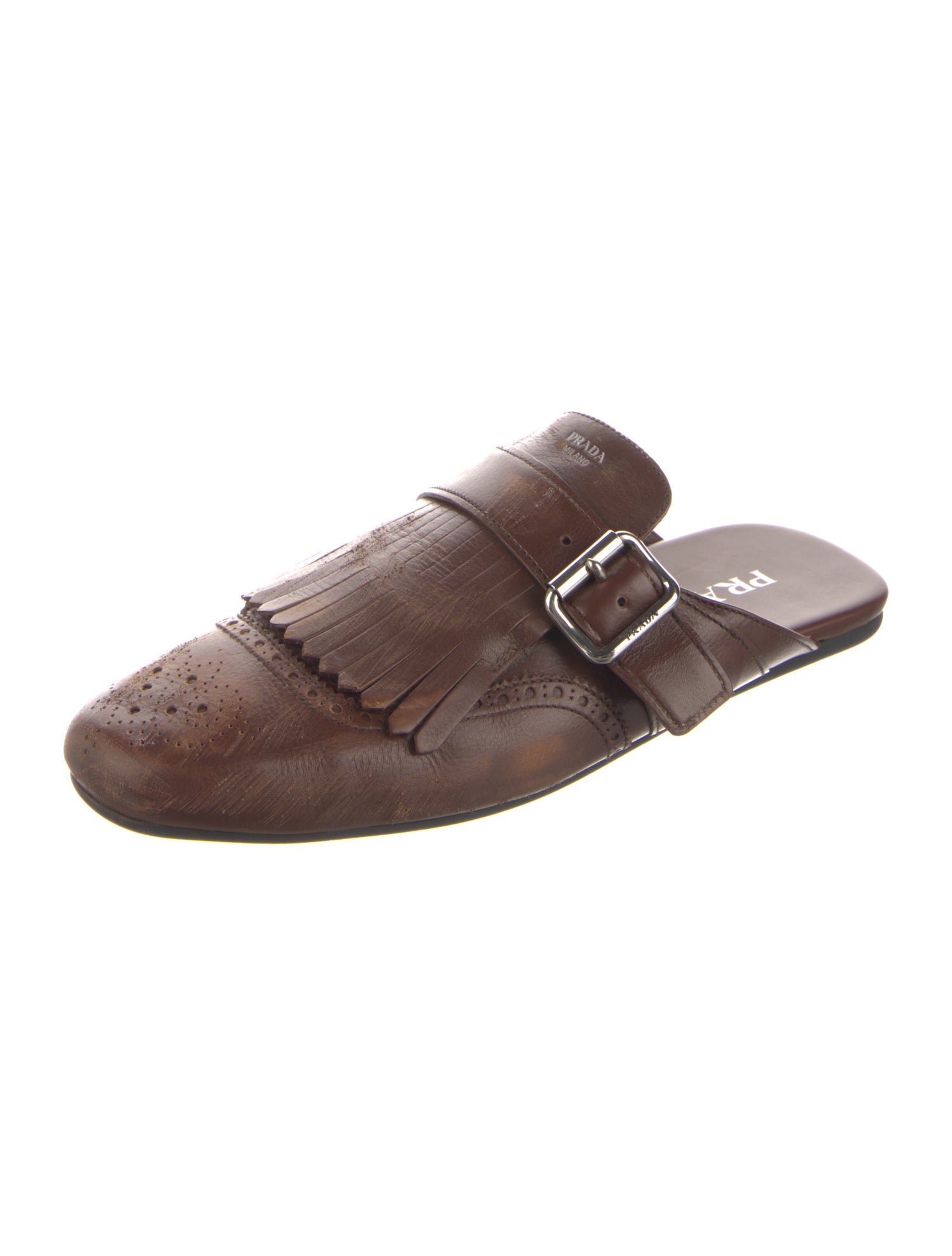 Prada Leather Fringe Trim Accent Mules