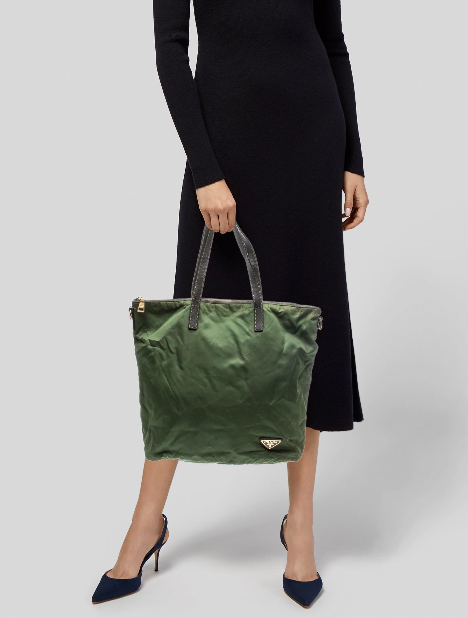 Prada Saffiano Leather Khaki Nylon Tessuto Tote Bag